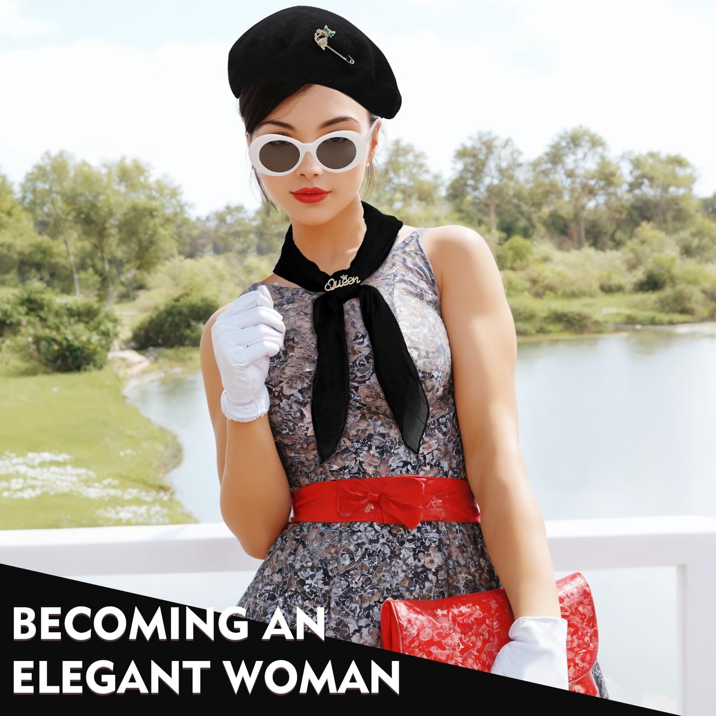 XEPST 6PCS French Women set - 50s Fancy Dress for Women with Black Beret Sunglasses Scarf Gloves Brooches French Artist Mime Kit for Halloween Costumes Cosplay Carnival Fancy Dress Up, Black