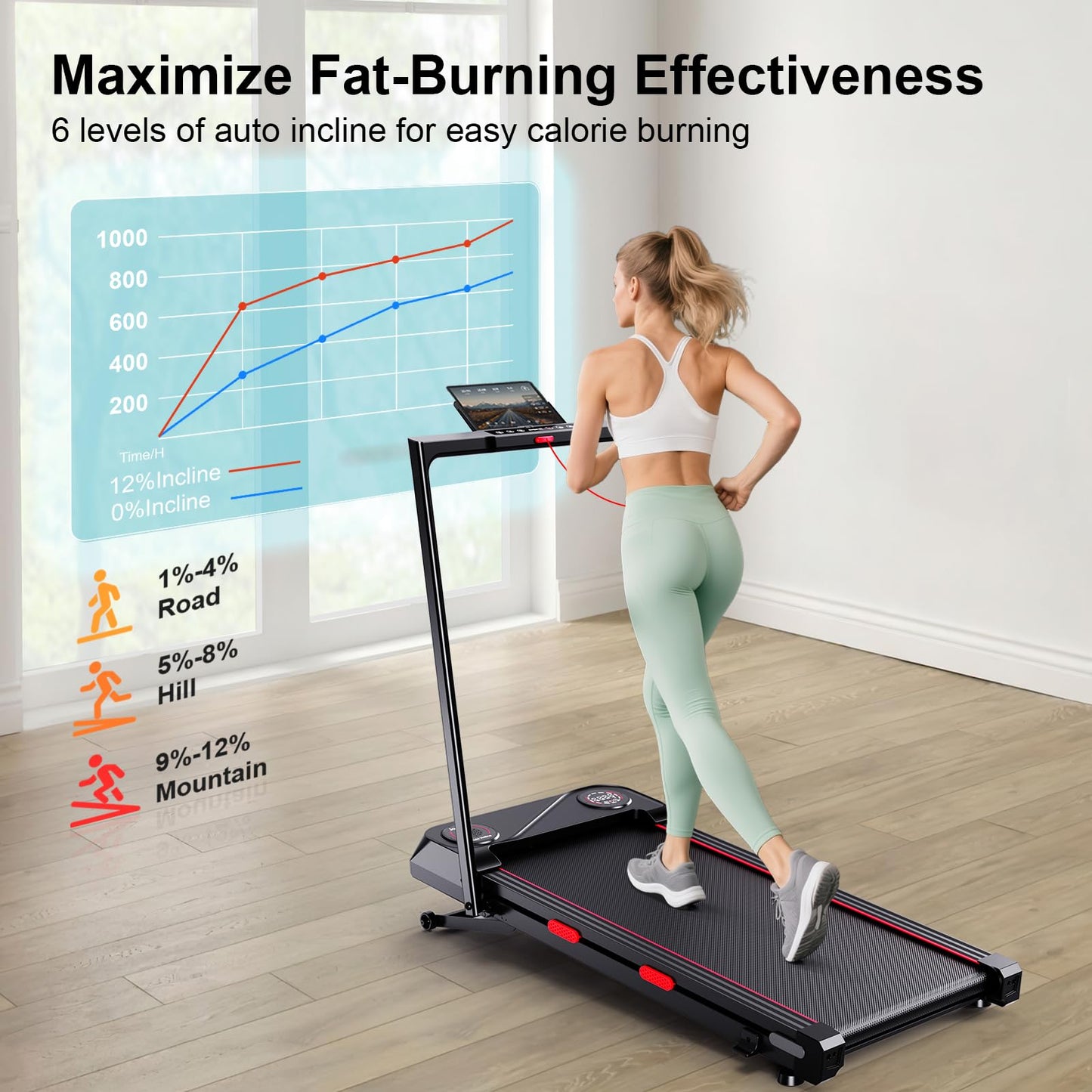 Walking Pad Treadmill with 12% Auto Incline, 2-in-1 Portable Under Desk Treadmill for Home Office, Foldable Walking Pad with Handle Bar, Double Steel Frame, 330 Lbs Capacity, 2.5HP Quiet