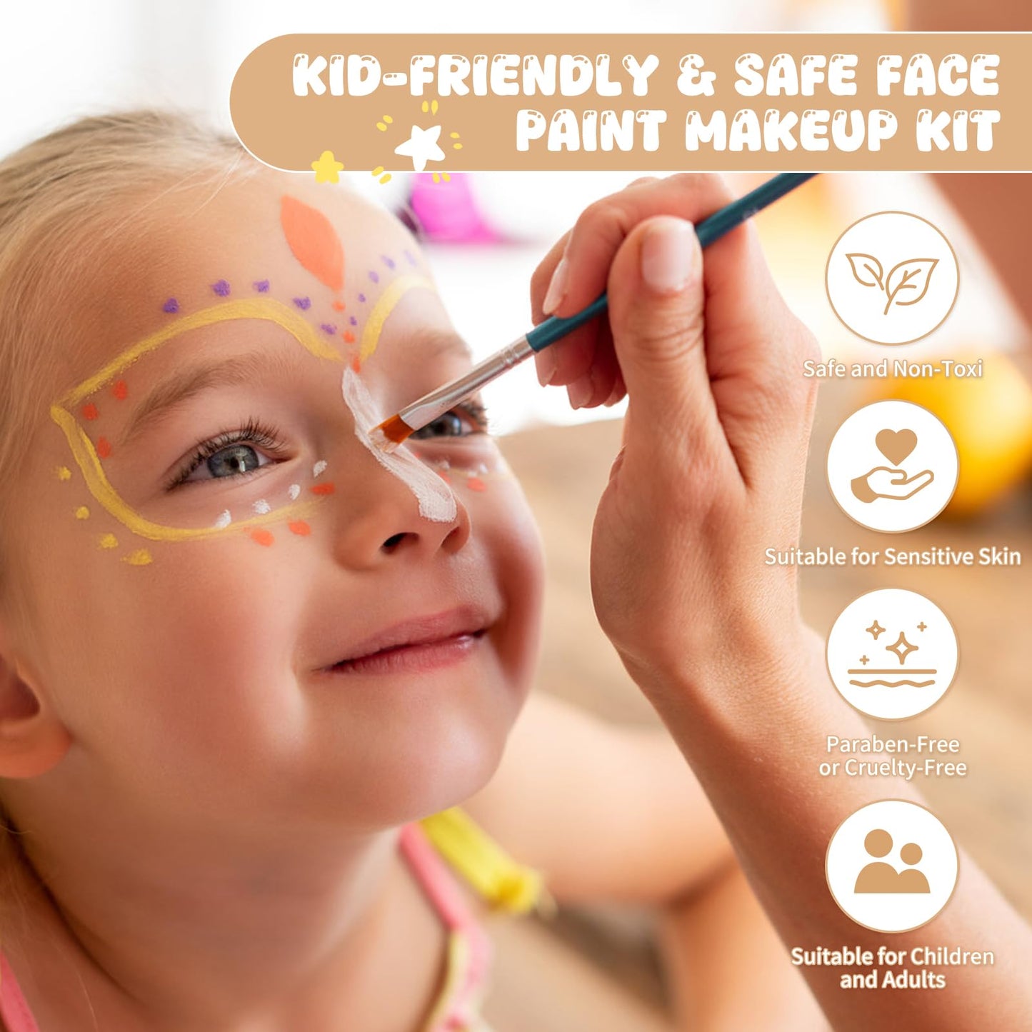 54 Color Face Painting Kit for Kids - Non Toxic Water Activated Face Paint Palette with Book, Stencils, Brushes, Gems & Glitter. For Halloween, Carnival, Party; Costume Makeup for Creative Activities