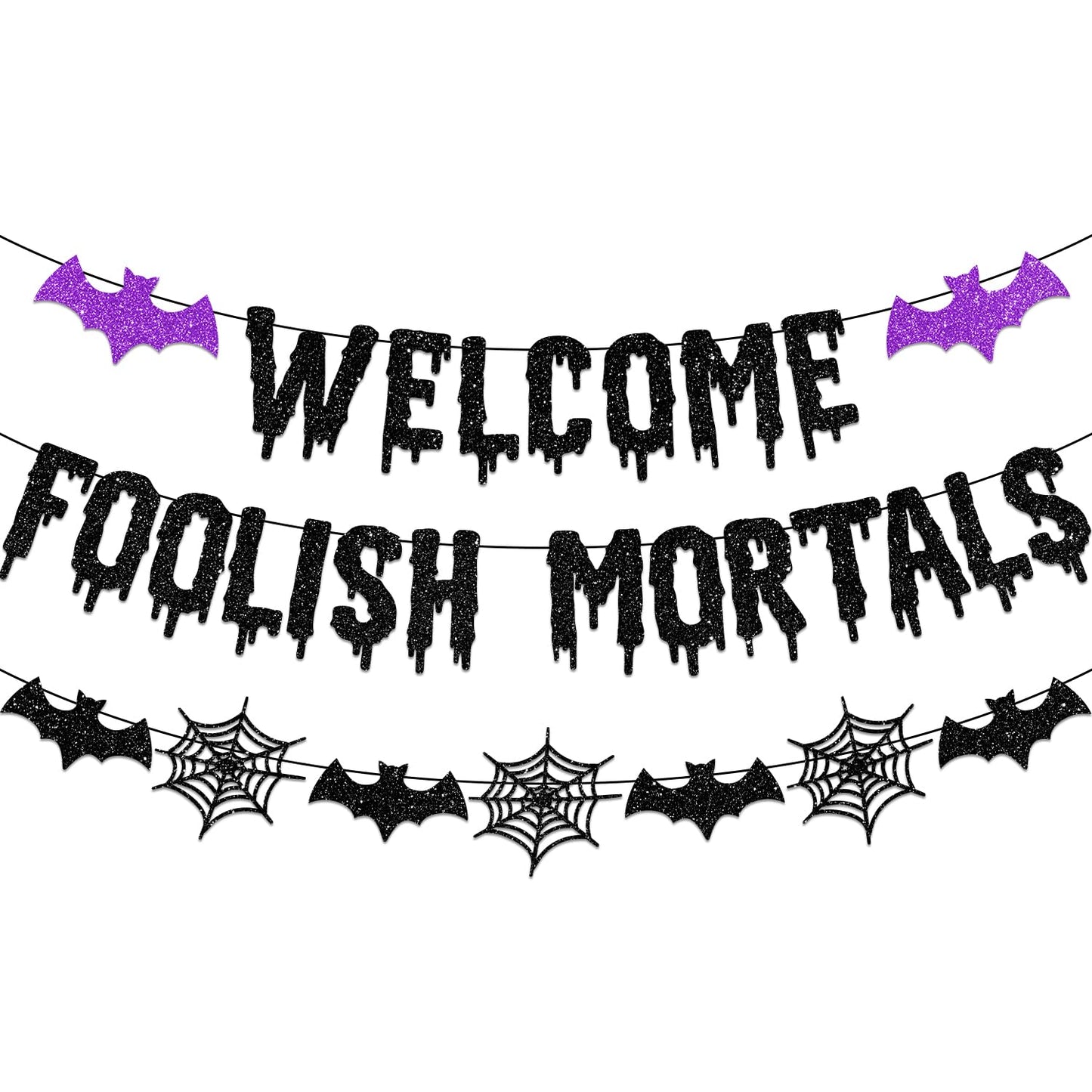 Welcome Foolish Mortals Halloween Banner Decorations Halloween Haunted Mansion Banner Wall Decorations with Bat and Spider for Halloween Party Decorations