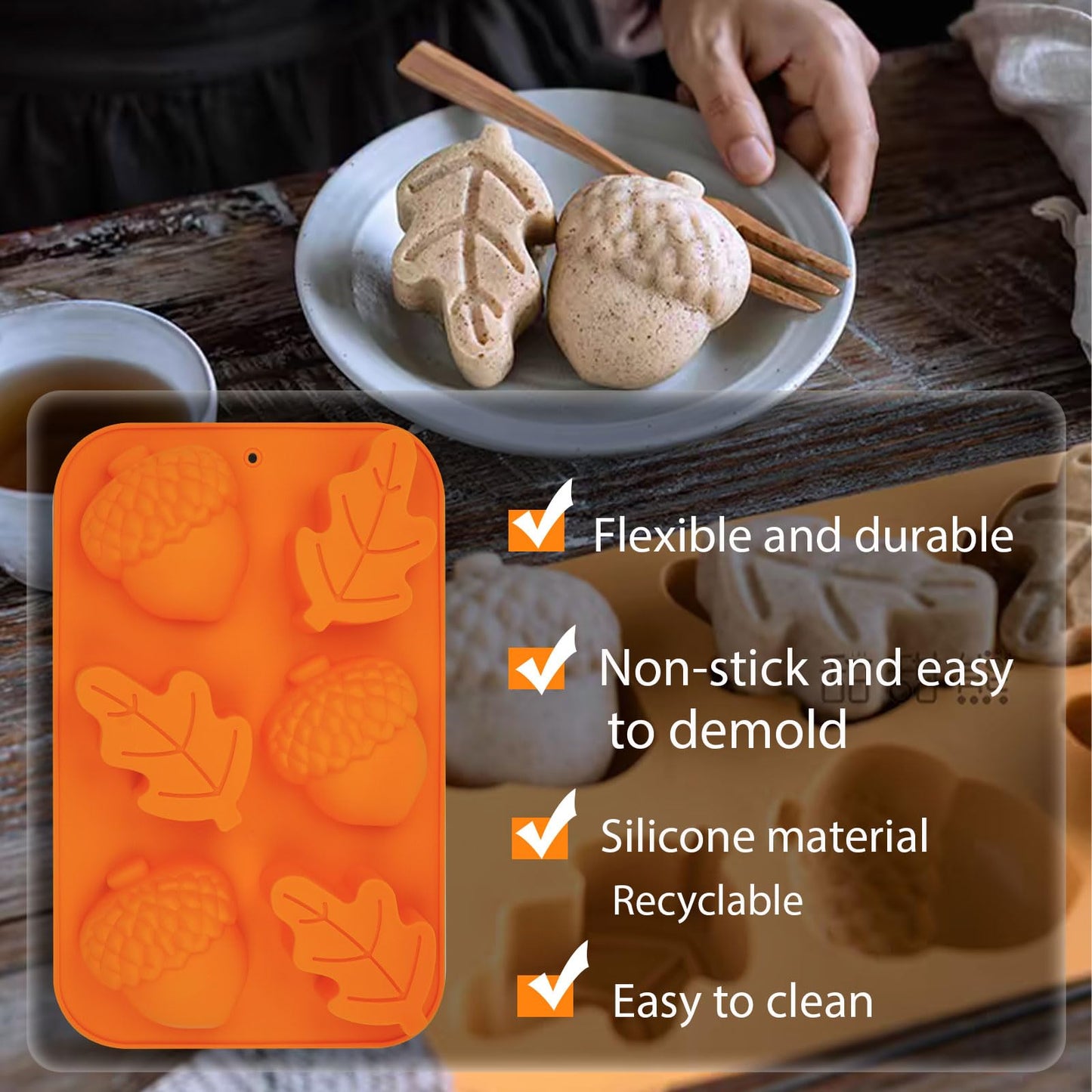 3 Pack Acorn Leaf Silicone Chocolate Molds, 3D Thanksgiving Fall Theme Candy Molds Fall Autumn Baking Molds for Jelly Pudding Brownie Soap Ice Cube Trays Candle Muffins Cake Decor Making