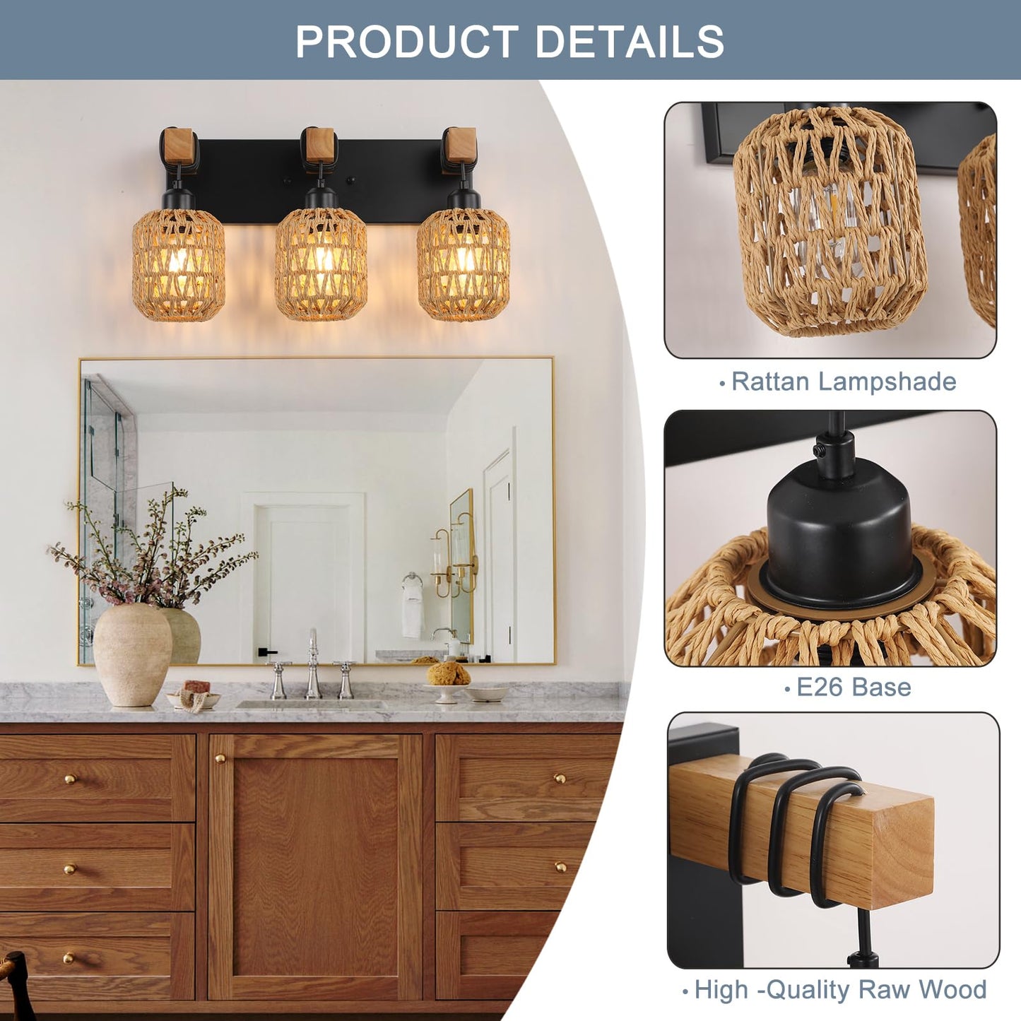 3 Light Bathroom Vanity Light Fixtures, Rustic Style Wood Bathroom Wall Sconce, with Boho Wicker Lampshade,Suitable for Bedroom, Hallway, and Living Room,Rattan Black Farmhouse Wall Sconce