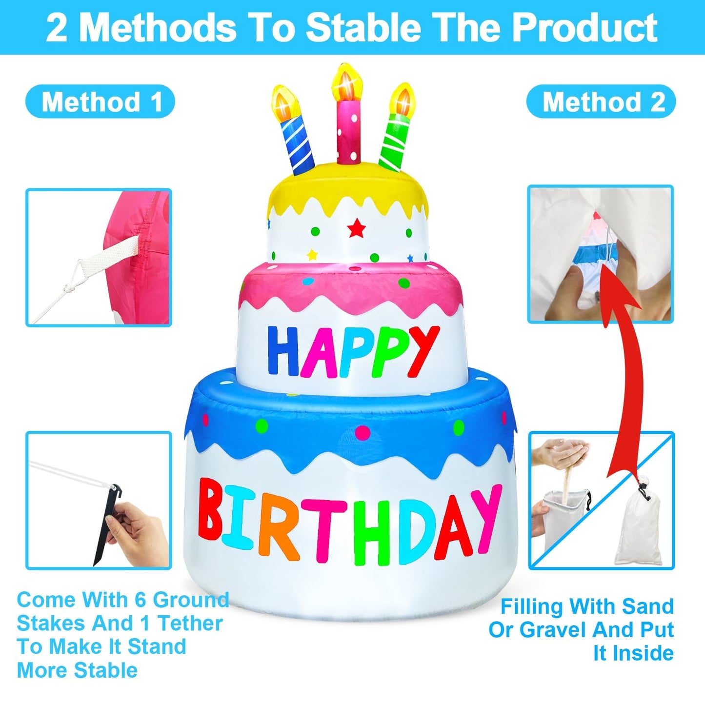 6 Ft Inflatable Happy Birthday Cake Decorations Outdoor Lighted Blow Up Holiday Birthday Party Decor with Candles 6 LED Lights for Indoor Home Celebration Garden Lawn Yard Prop Sign