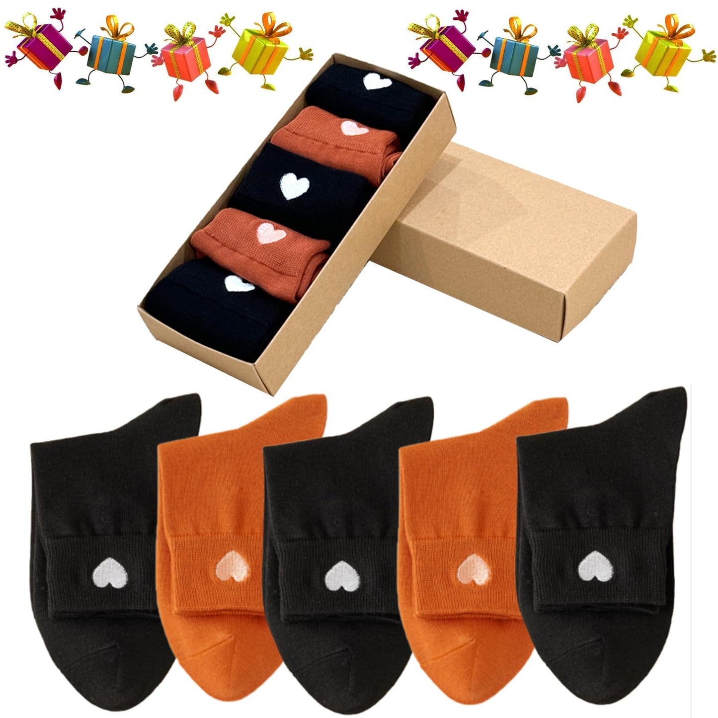 XIUYANG Cute Heart Embroidery Ankle Socks,Cotton Ankle Crew Socks,Fun Athletic Running Socks Gifts For Women(5-Pairs with Gifts Box) (Cotton, Black + orange)