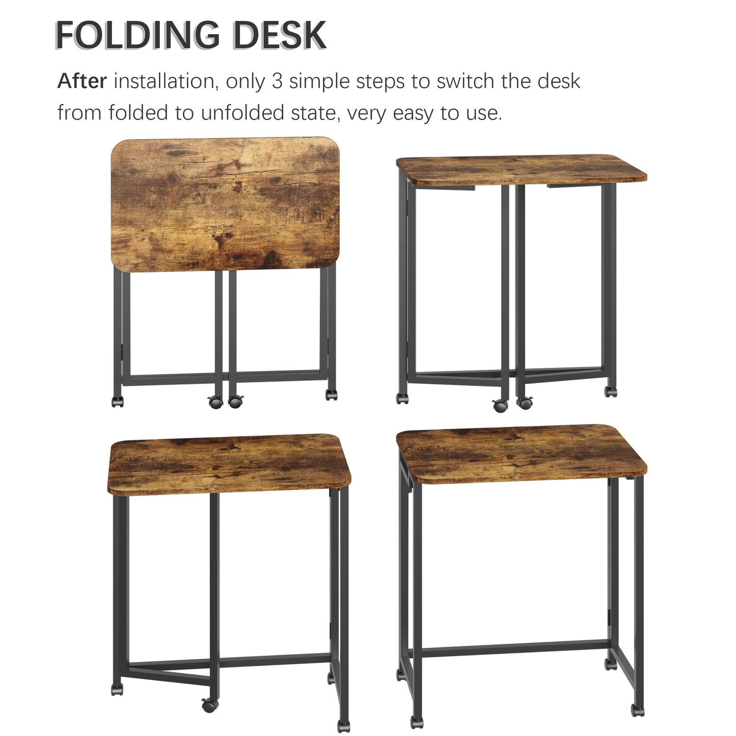4NM 23.6" Mobile Small Rolling Computer Desk, Folding Laptop Cart Table with Wheels, Portable Office Desk for Small Space Couch Bed - Rustic Brown and Black