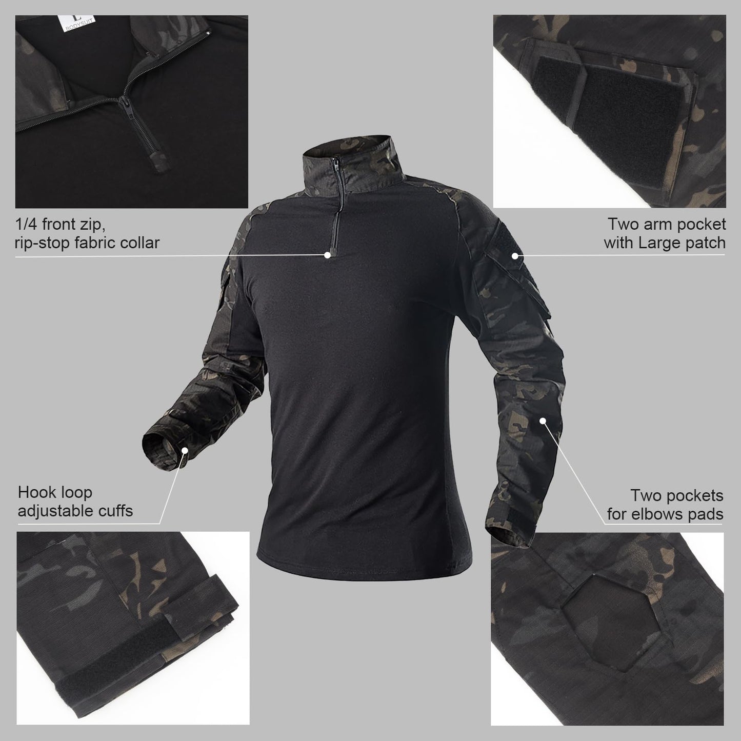 VPZenar Combat Uniform,Tactical Long Sleeve Shirt and Pants, Cap Balaclava Gloves Set,Black Camo Suits Paintball Clothing for Men