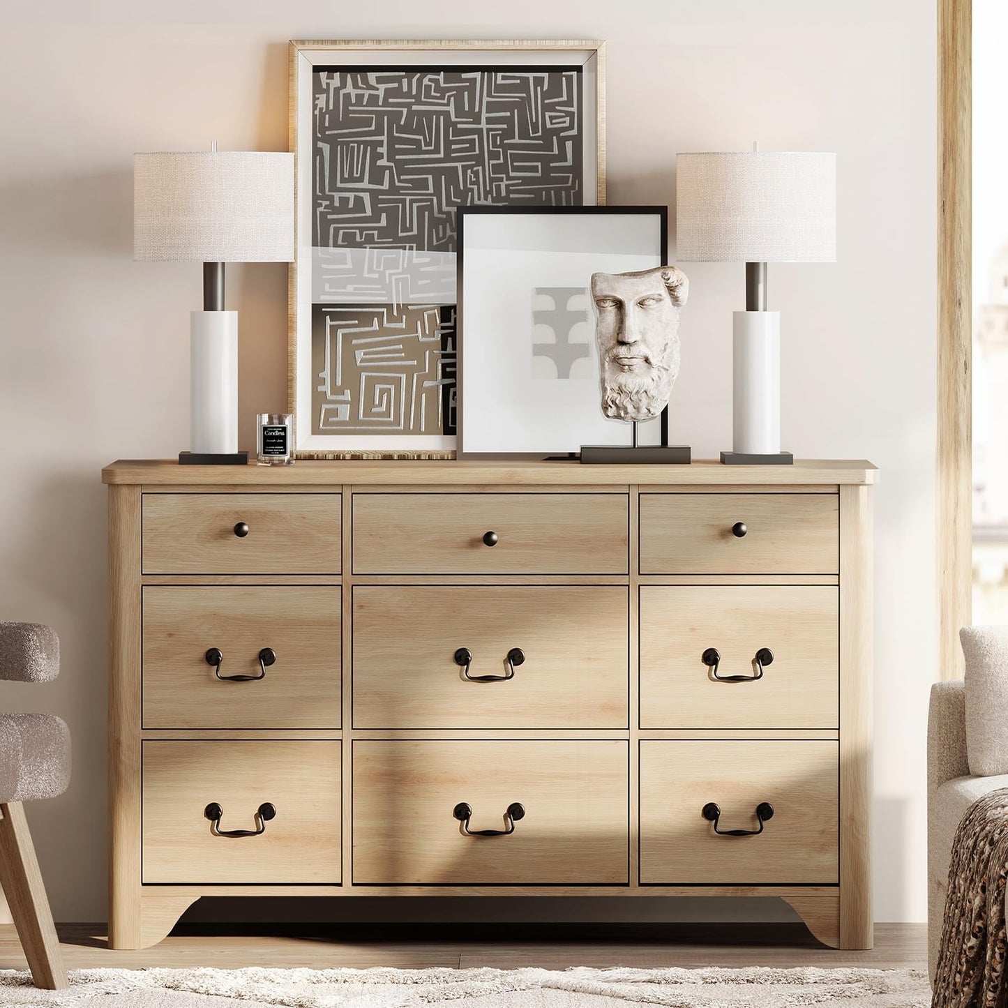 WAMPAT 9 Drawers Dresser for Bedroom, 53.5'' Wide Farmhouse Dresser TV Stand with Curved Edge Design and Wide Chests of Drawers,Storage Dressers Organizer Wood Dressers for Bedroom,Closet,Hallway,Oak
