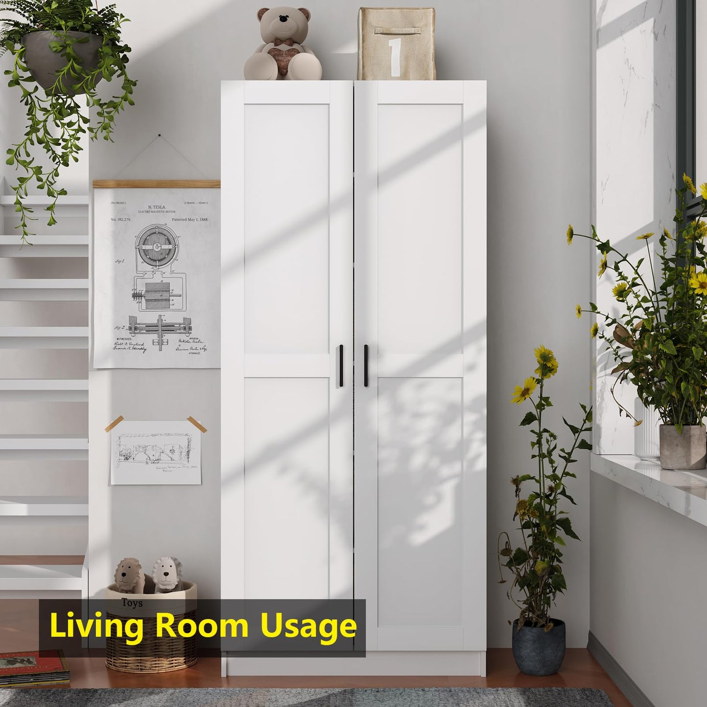 White Tall Kitchen Pantry Cabinet Organizers and Storage with Doors and Adjustable Shelves,Wood Large Gabinetes Para Cocina Office Bookshelf for Laundry Room Cabinets (31.5”W*15.7”D*71”H)