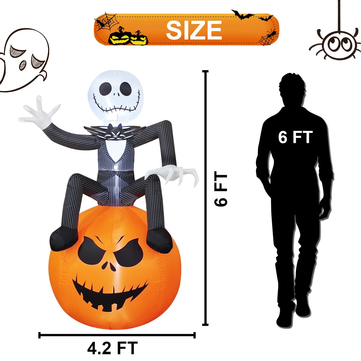 6Ft Inflatable Halloween Yard Decoration - Outdoor Blow Up Skeleton & Pumpkin Decoration - Built-in LED Lights for Halloween Lawn Outdoor Decoration