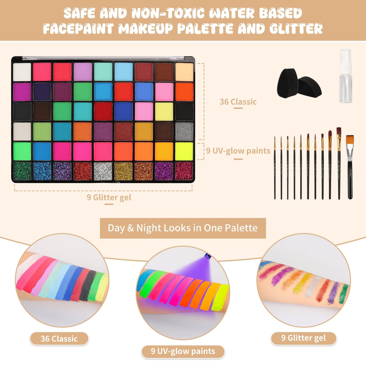 54 Color Face Painting Kit for Kids - Non Toxic Water Activated Face Paint Palette with Book, Stencils, Brushes, Gems & Glitter. For Halloween, Carnival, Party; Costume Makeup for Creative Activities
