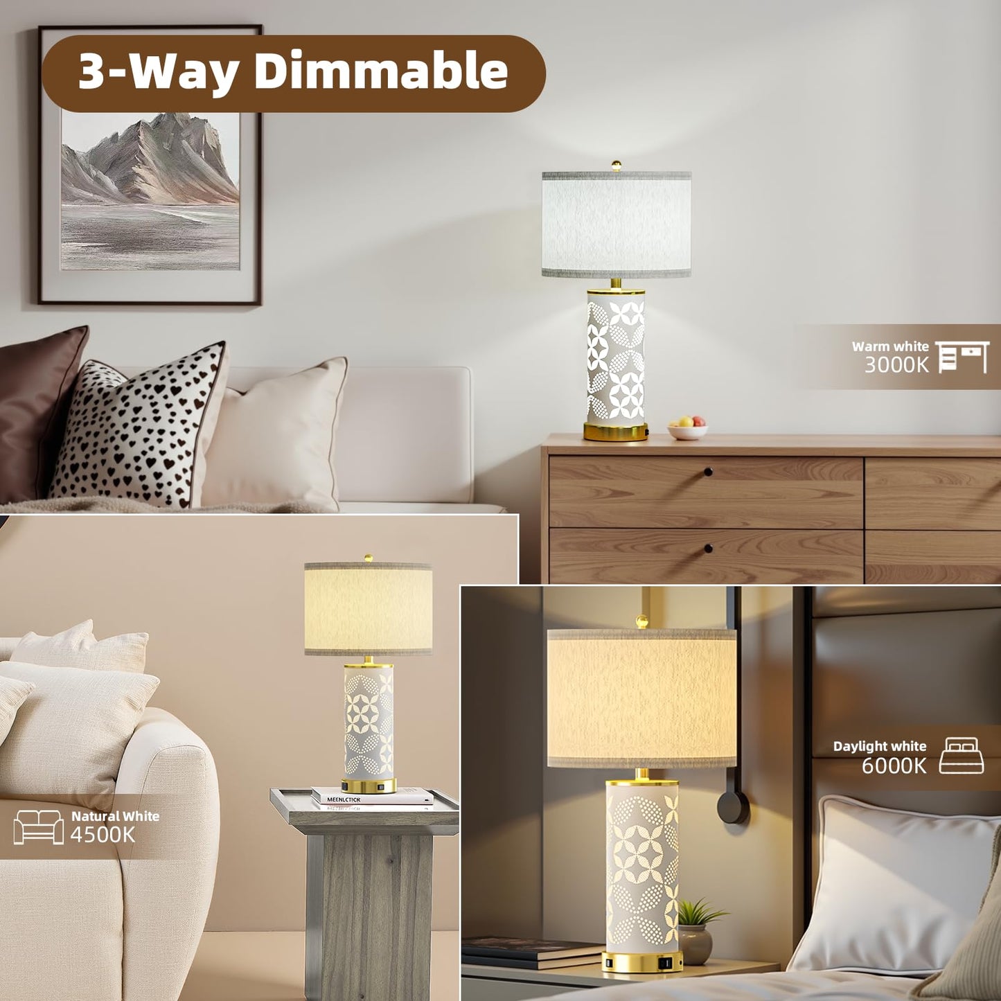 22'' Modern Ceramic Table Lamps Set of 2, Bedside Lamps with Hollow-Out Ceramic Design,USB A+C & 3 Color Temperature, Lamps for Night Stands with Night Light for Living Room and Bedroom(with 2 Bulbs)