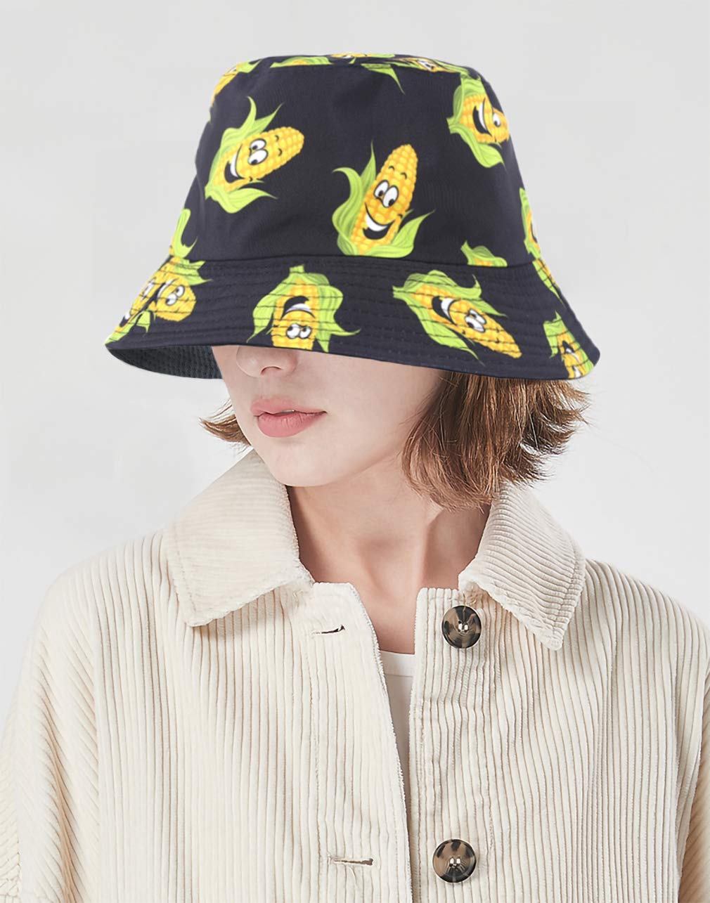 XYIYI Corn Black Print Bucket Hat Fashion Beach Fisherman Hats for Women, Reversible Double-Side-Wear
