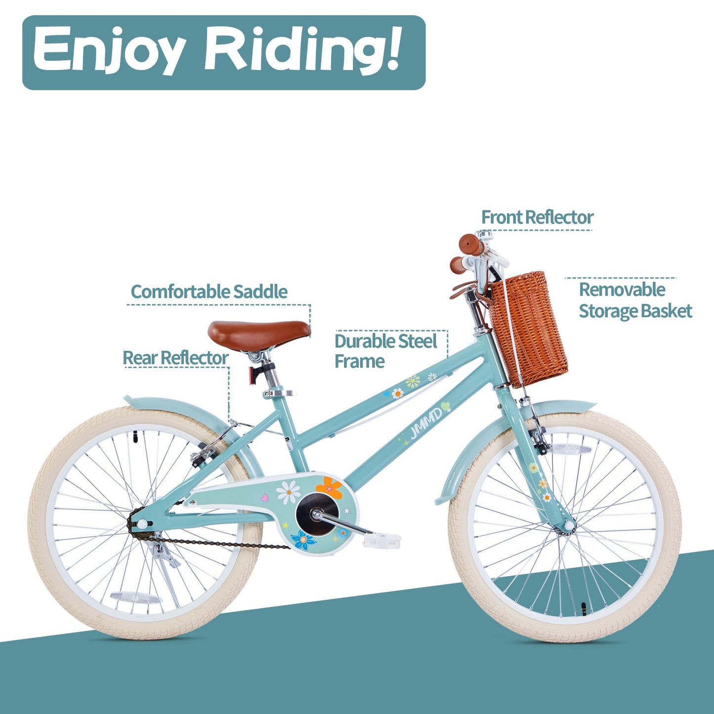 JMMD Girls Bike for 4-12 Years Old Kids, 12 14 16 18 20 24 Kids Bike with Training Wheels, Basket and Doll Seat, Toddler Girls Bicycles with Handbrake & Kickstand, Mint