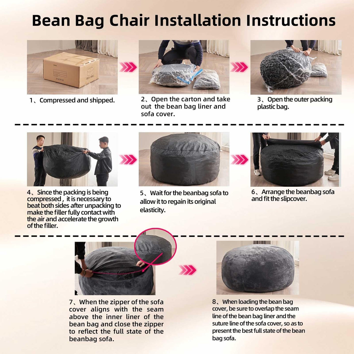 7FT,Oversized Bean Bag Chairs for Adults,Bean Bag Chair with Filler Included,Giant Bean Bag Chair Covered with Flannel Cover, Living Room Furniture, Suitable for Bedroom and Dormitory. (Dark Gray)