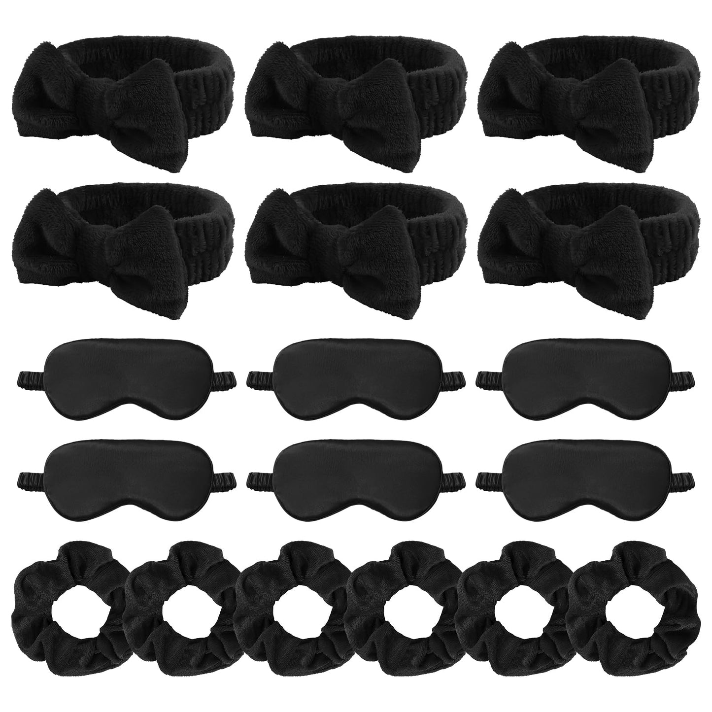 WHAVEL 18 Pcs Sleepover Party Supplies for Girls - Sleepover Party Favors Include 6 Spa Headband, 6 Silk Eye Mask and 6 Velvet Scrunchies for Spa Birthday, Bachelorette, Slumber (Black)
