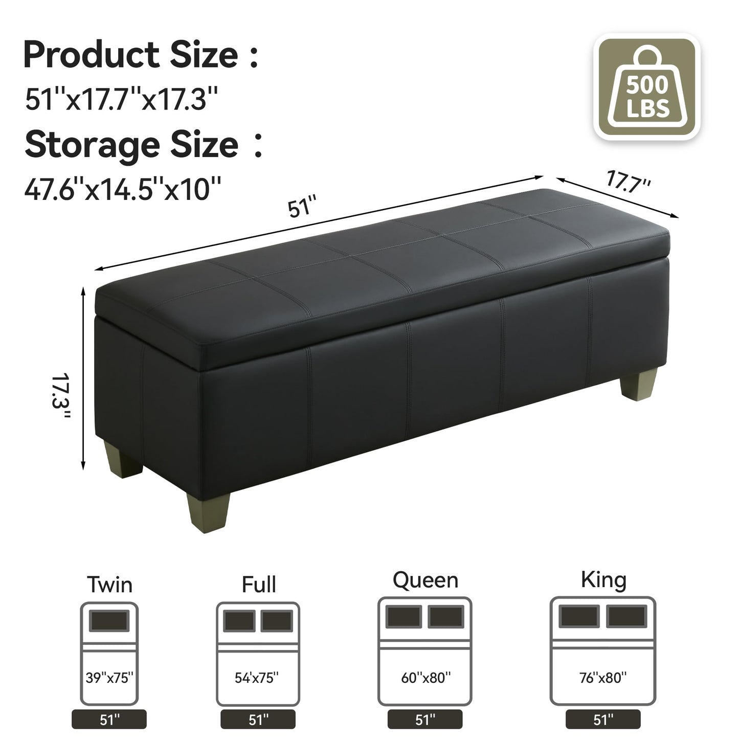 51" Faux Leather Storage Ottoman, Stitch Tufted Rectangle Upholstered End of Bed Storage Bench, Entryway Large Couch Ottoman with Wooden Legs, Dark Black