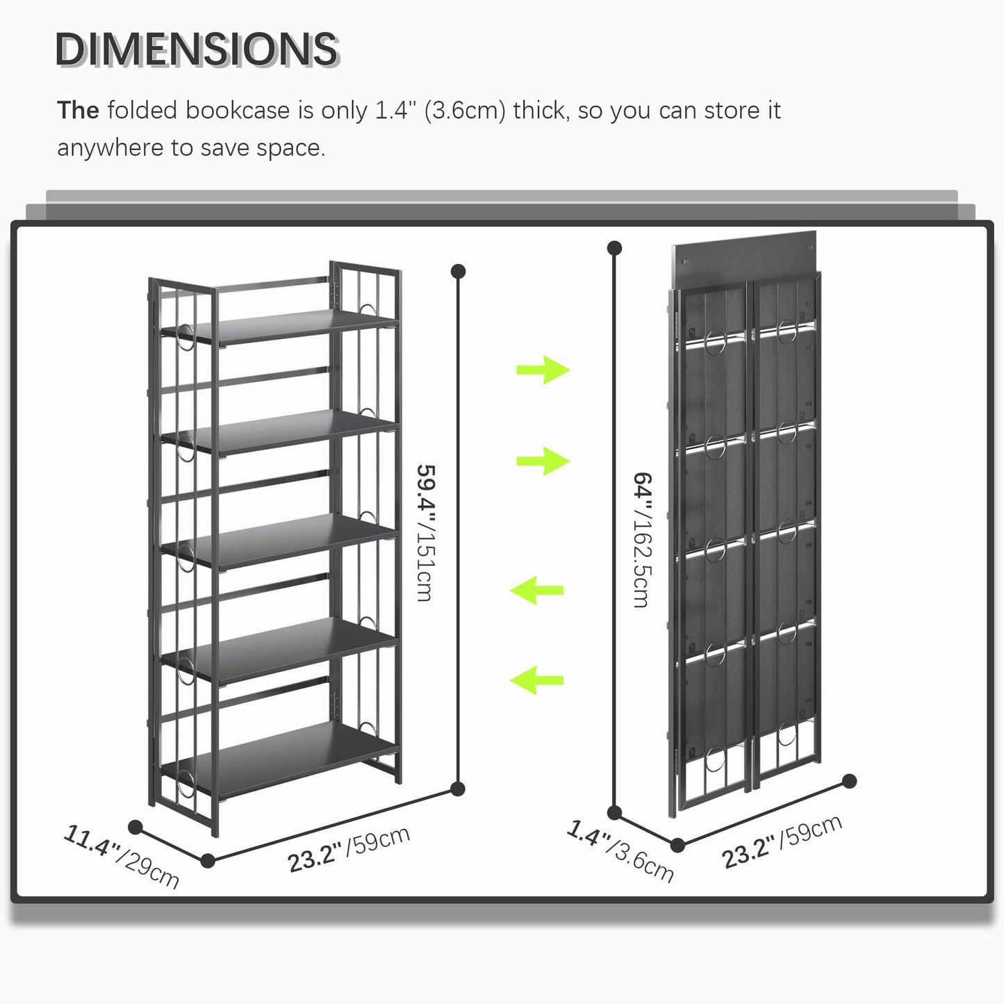 4NM No-Assembly 5 Tiers Folding Bookshelf Storage Shelves Vintage Bookcase Standing Racks Study Organizer Home Office - All Black