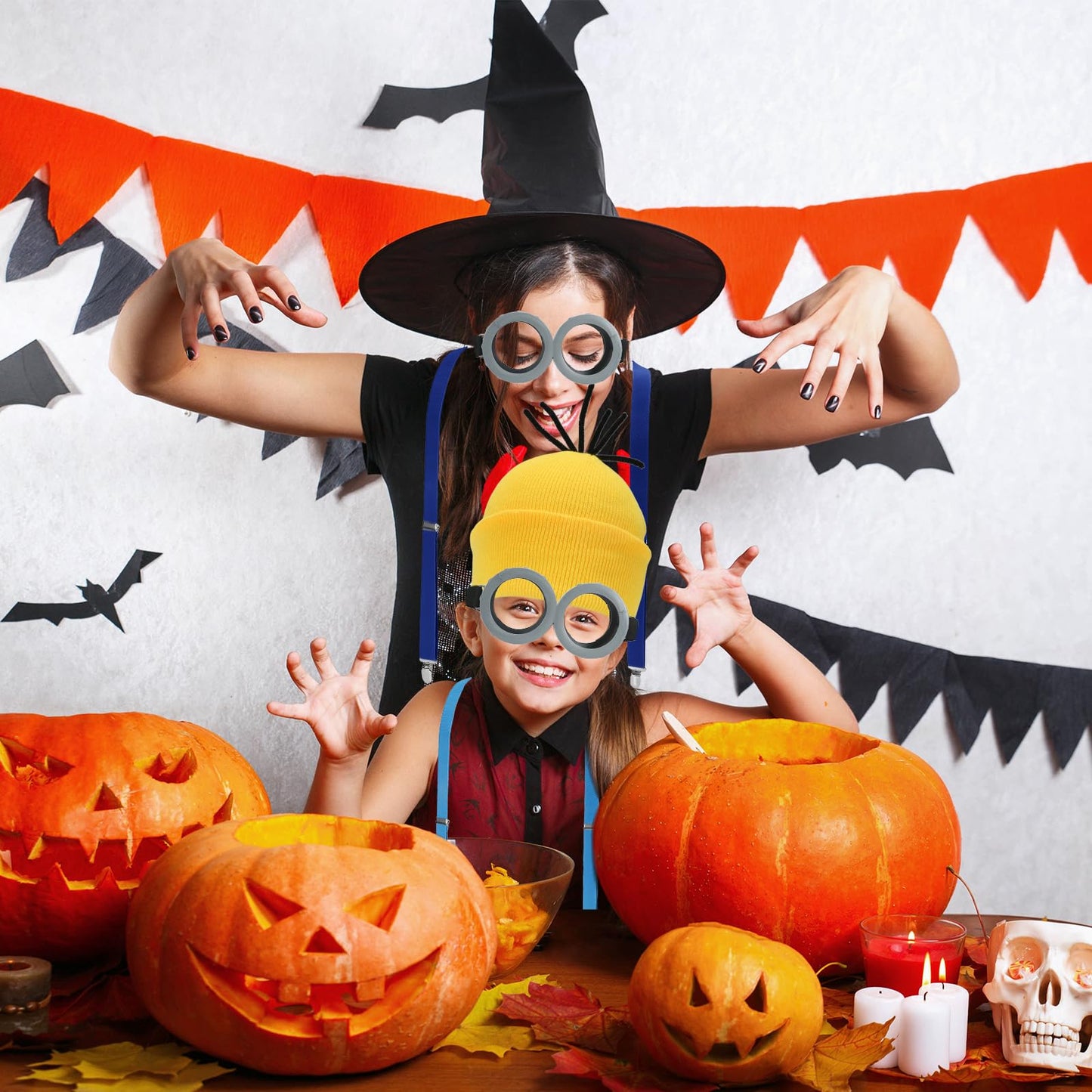 8 Pcs Yellow Halloween Costume Accessories Set,Beanie Hats/Goggles Glasses/Gloves/Suspenders for Unisex Men and Women Adults Cosplay Party Kit