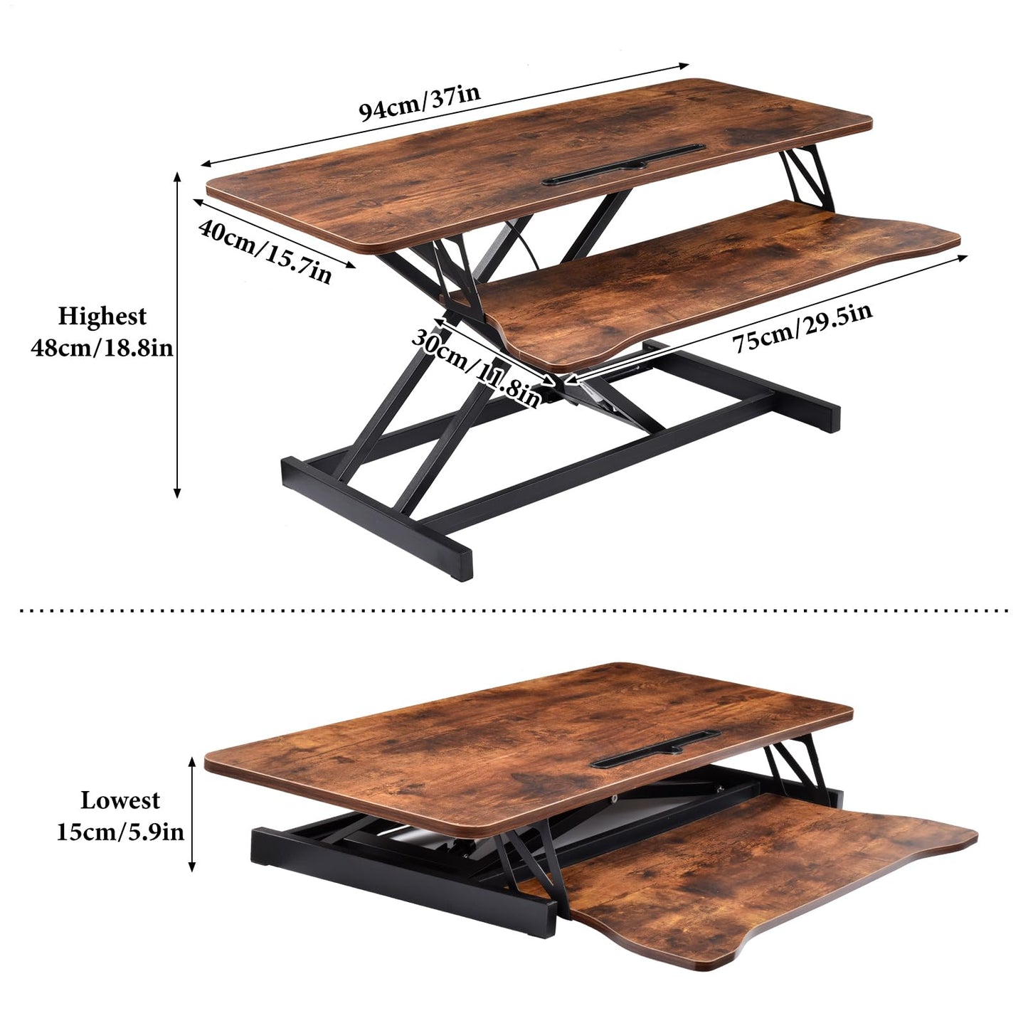 37 Inch Standing Desk Converter - Manual Pneumatic Spring, Two Monitor Stable Standing Desk Converter, 5.9"to18.8"Height Adjustable Laptop Workstation With Keyboard Tray For Home, Company(Tiger Brown)