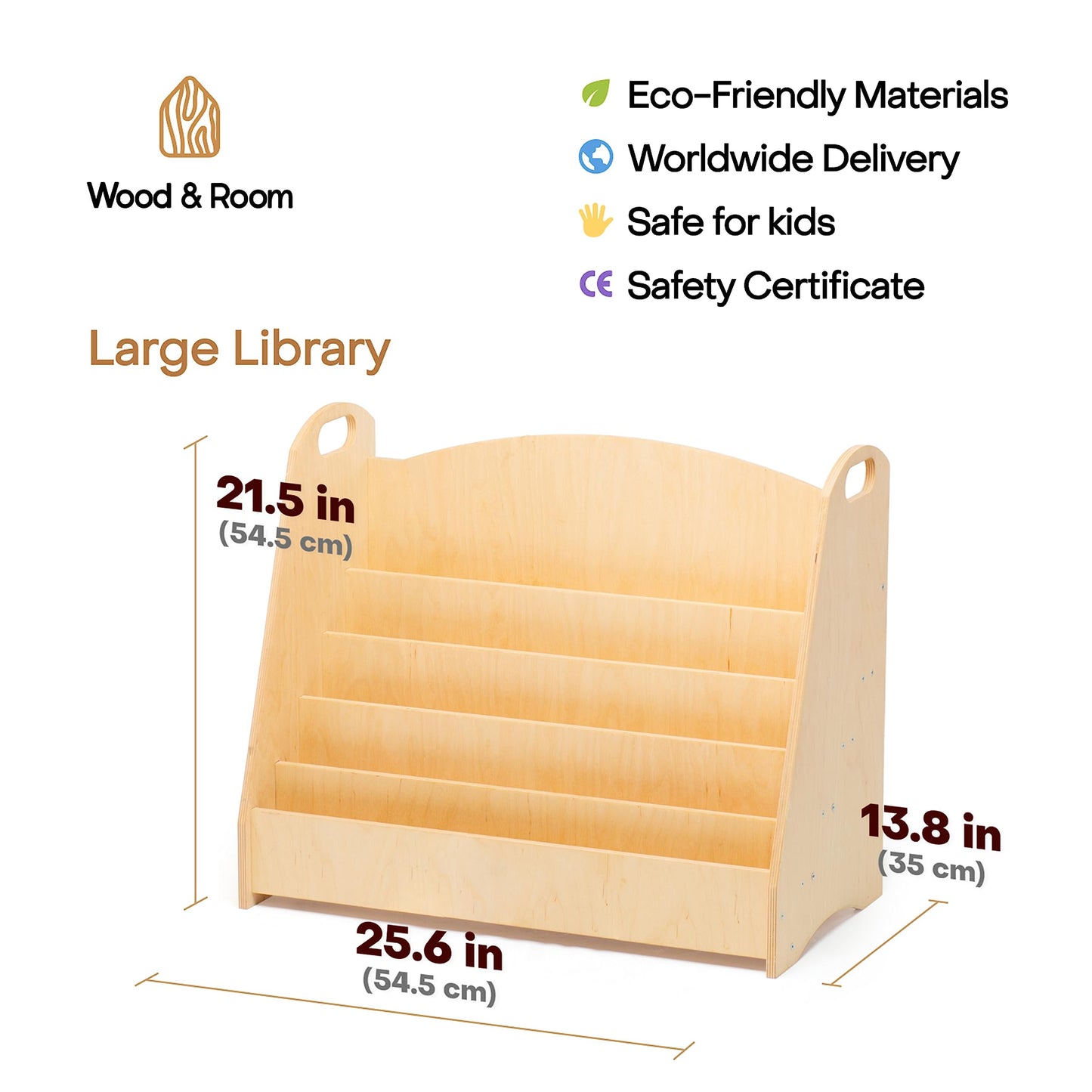 WOOD&ROOM Wooden Kids Bookcase - Book Organizer for Kids Room - Nursery Bookshelf - Floor Bookshelf - Childrens Bookcase and Display Rack - Front Facing Montessori for Toddlers