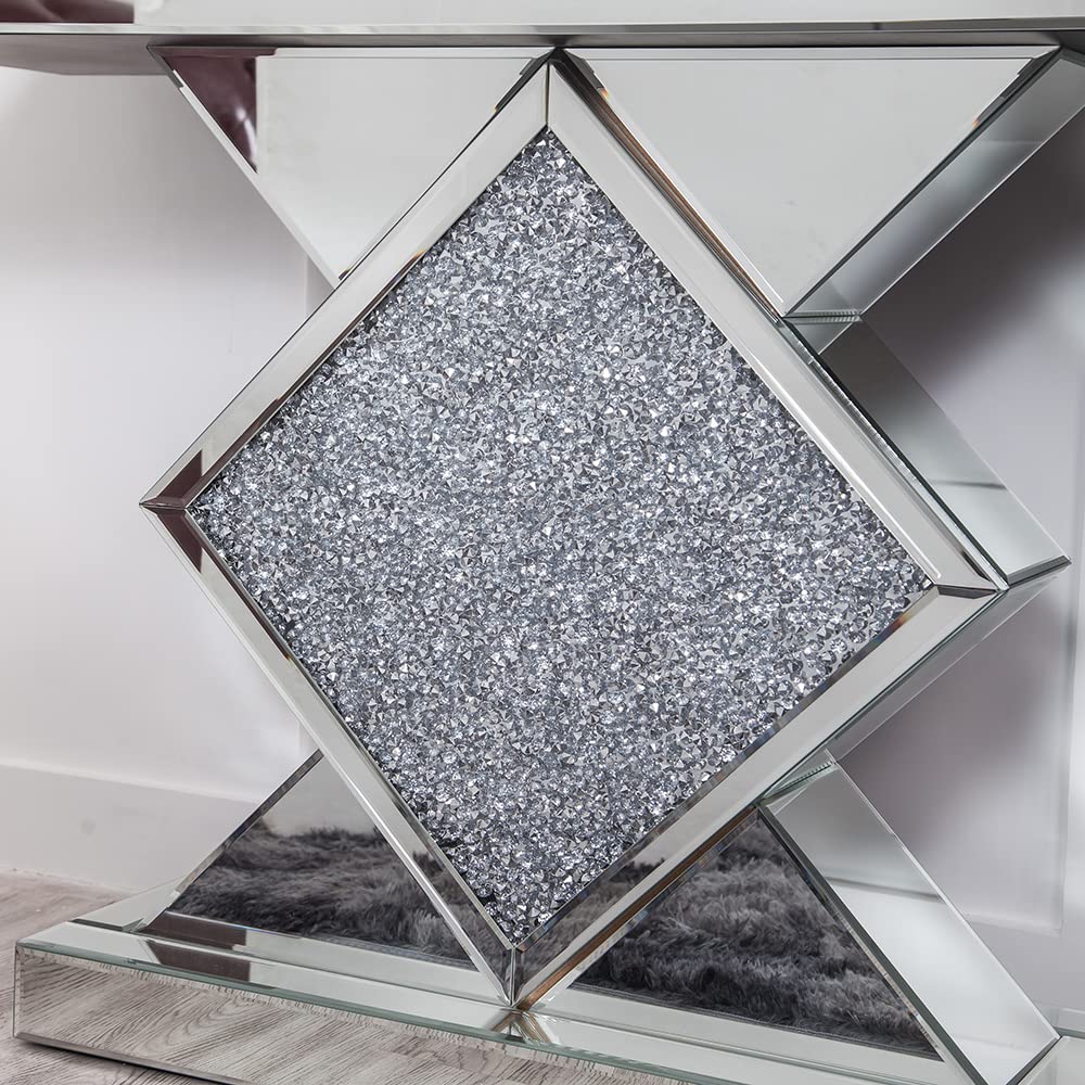 47.2'' Silver Console Table, Modern Entryway Tables with Diamond Shaped Mirror Finished, Glam Long Accent Narrow Table, Glass Sofa Table Foyer Table for Living Room Hallway Entrance