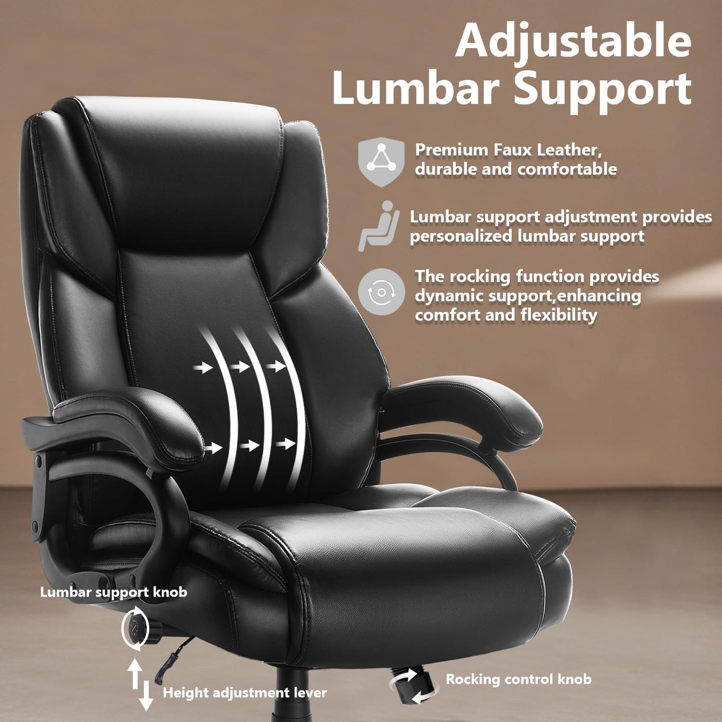 Waleaf 500lbs Big and Tall Office Chair, Heavy Duty Chair for Heavy People, Adjustable Ergonomic Lumbar Support Executive Chair, Large High Back and Quiet Rubber Wheels