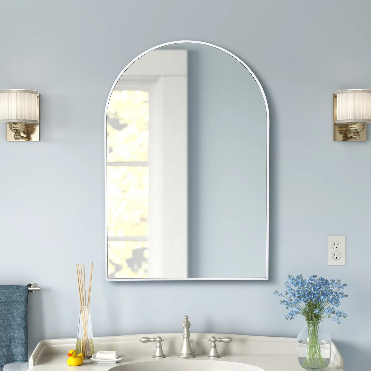 White Arched Wall Mirror 24 x 36 Inch, Modern White Wood Framed Arch Bathroom Mirror with Tempered Glass for Bathroom, Bedroom or Entryway