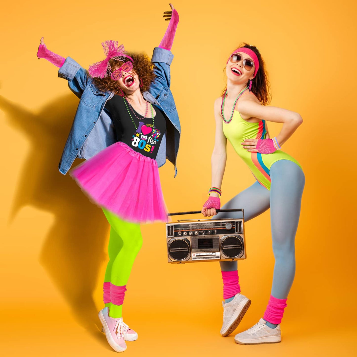 Xintorch 80s Outfit Women Costume Accessories Set T Shirt Leggings Tutu Skirt Neno Party Leg Warmers Headband