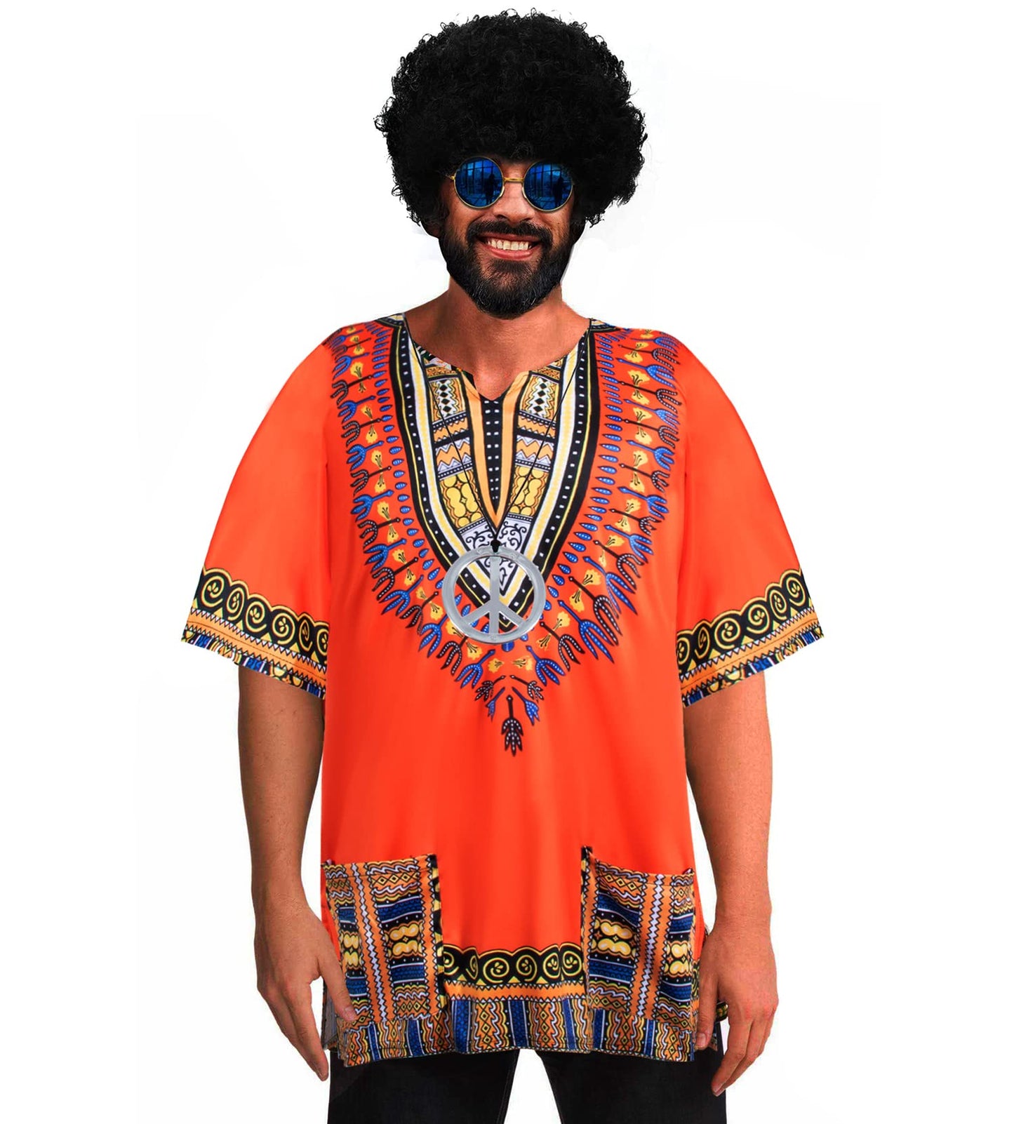 4 PCS Hippie Costume for Mens 60s 70s T-Shirt Afro Wig Accessories Set for Party Cosplay XL Orange
