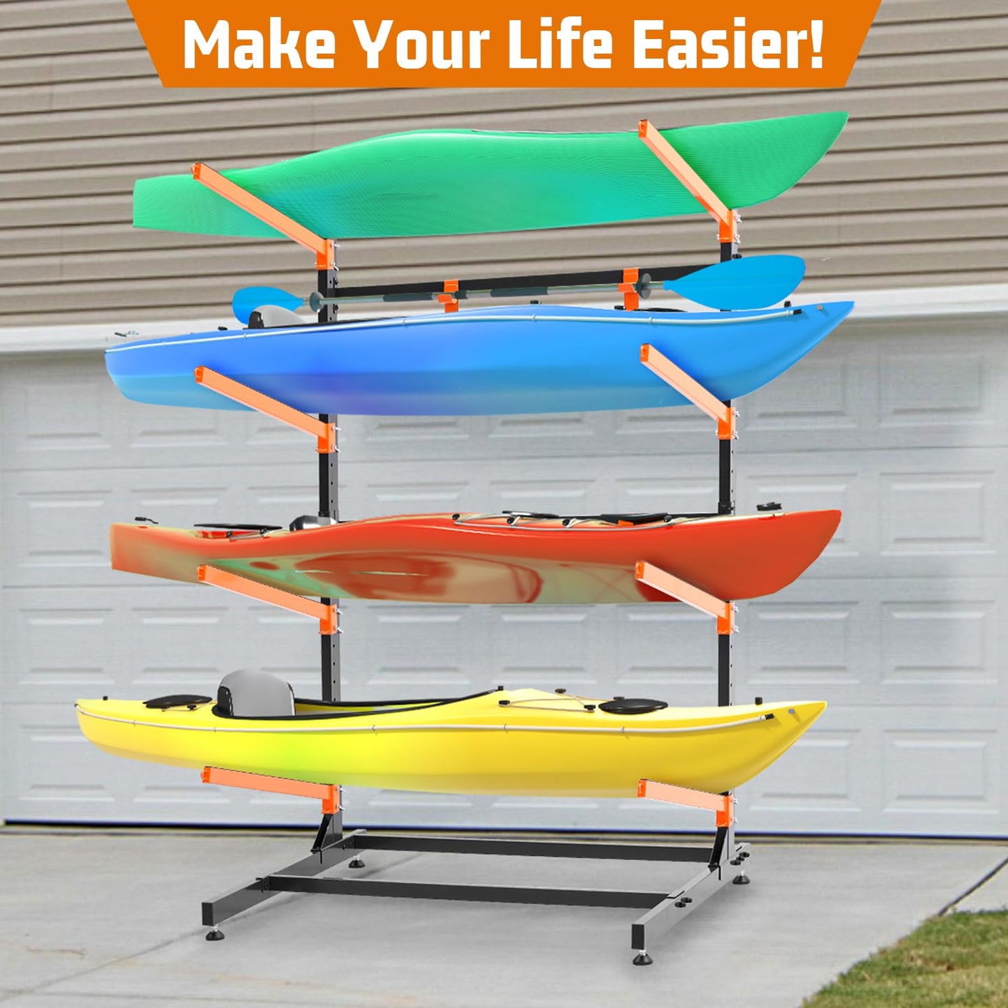 UOKRR 4 Kayak Storage Rack, Freestanding Kayak Racks for Garage, Heavy Duty Adjustable Kayak Stand Indoor Outdoor Storage Rack for Kayaks, Canoes, Surfboard & Paddleboard (4 Levels with paddle hook)