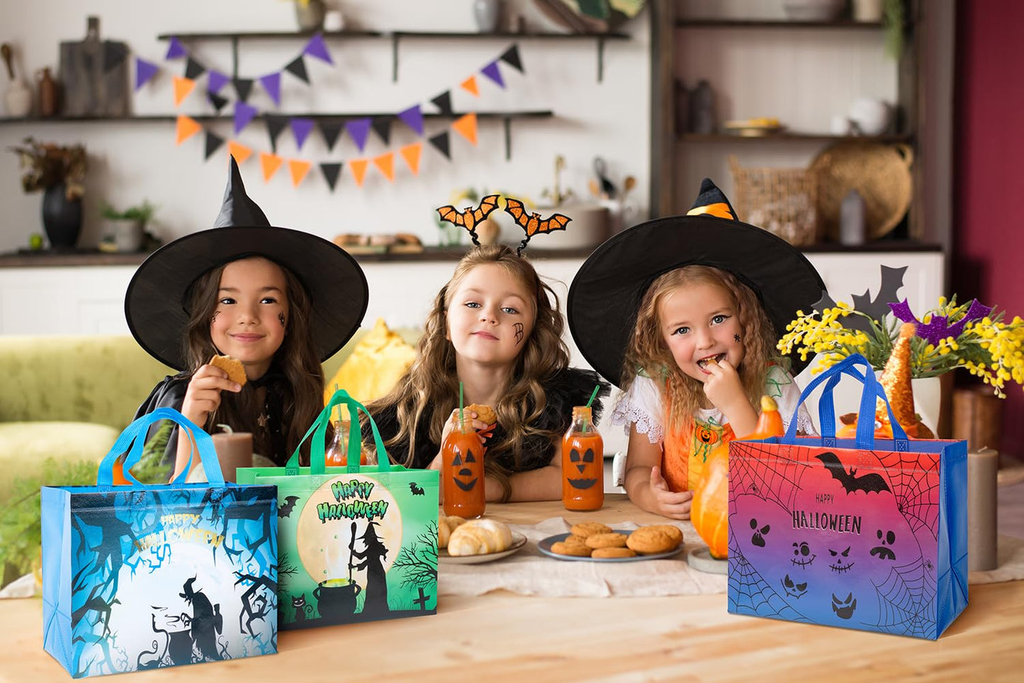 XiaosRen 8Pcs Multifunctional Non-Woven Tote Bags with Handles, Large Reusable Happy Halloween Bags for Gifts, Party Supplies, 12.6x10x6.7