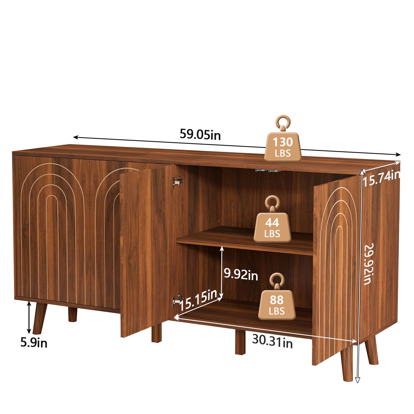 weselon 59" Buffet Cabinet with Storage, Modern Accent Sideboard Storage Cabinet with 4 Doors & Carving Lines, Wooden Coffee Bar Table Console for Living Room Kitchen Office and Hallway (Walnut)