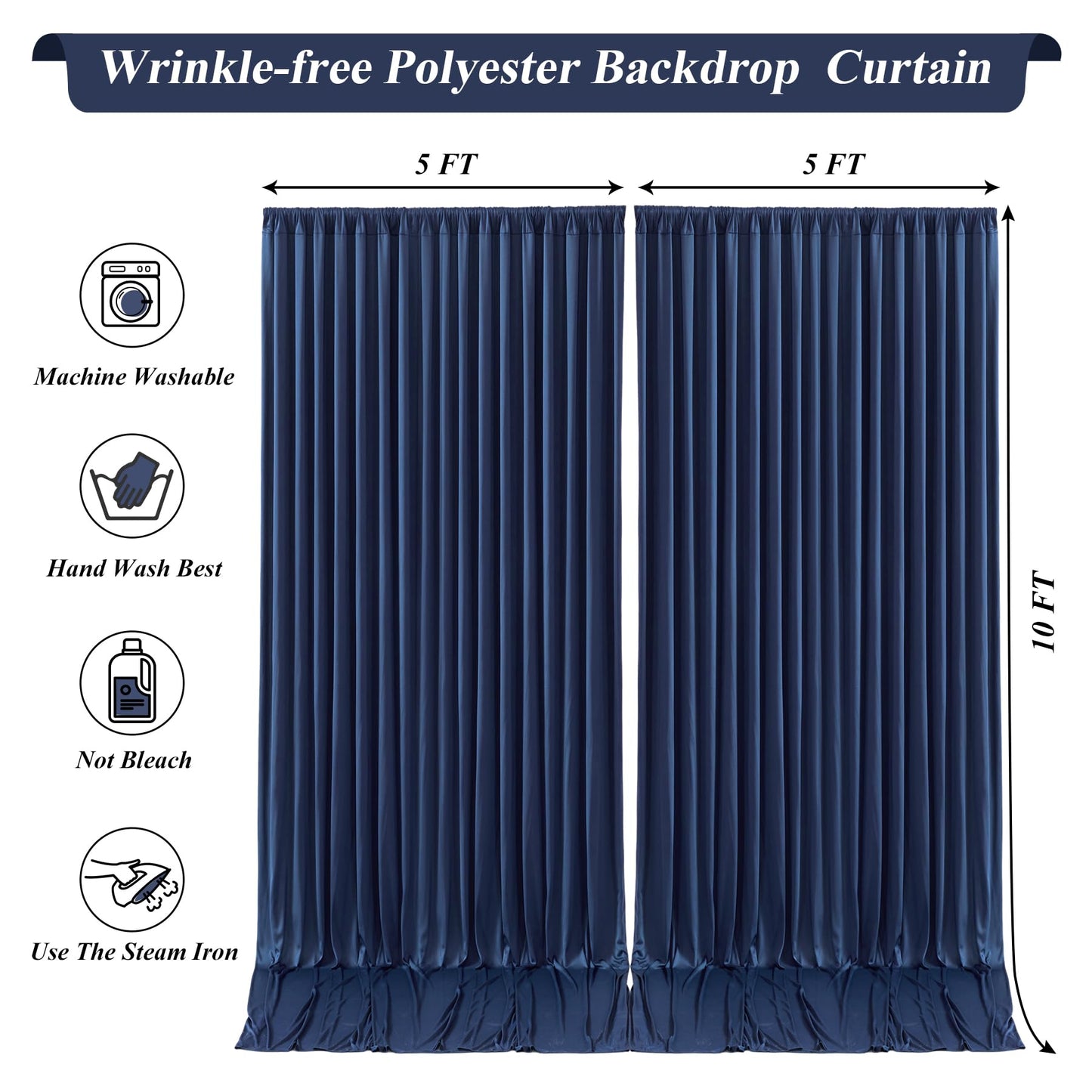 10x10ft Navy Blue Backdrop Curtains with Lights String for Baby Shower, Wrinkle Free Curtains Backdrop for Birthday Party, Polyester Backdrop Drapes for Wedding Photo Shoot (5 x 10ft,2 Panels)