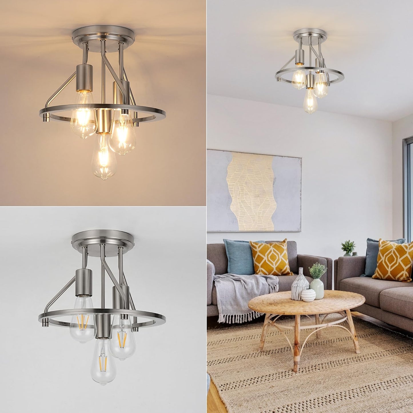 WILON Brushed Nickel Semi Flush Mount Ceiling Light - 3-Light Ceiling Light Fixtures Farmhouse Kitchen Light Industrial Hallway Light Fixtures E26 Socket Ceiling Lamp for Hallway Kitchen Foyer