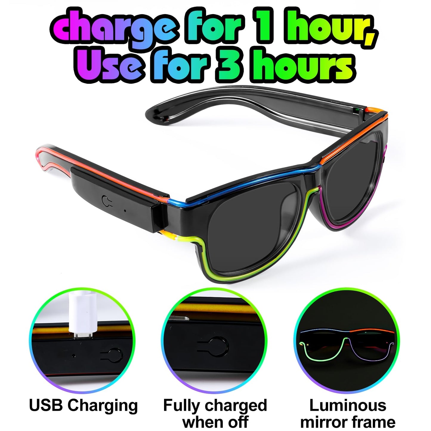 XGOOD LED Glasses Multi-Color (8 Colors) Light Up Glasses w/o Cable Neon Glow Glasses for KTV, EDM, Rave Parties and Cosplay (Black Frame & Lens)