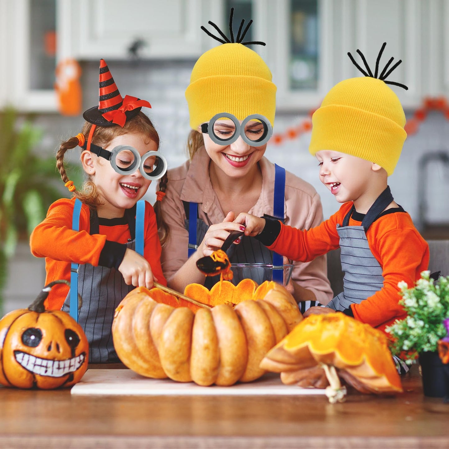 8 Pcs Yellow Halloween Costume Accessories Set,Beanie Hats/Goggles Glasses/Gloves/Suspenders for Unisex Men and Women Adults Cosplay Party Kit