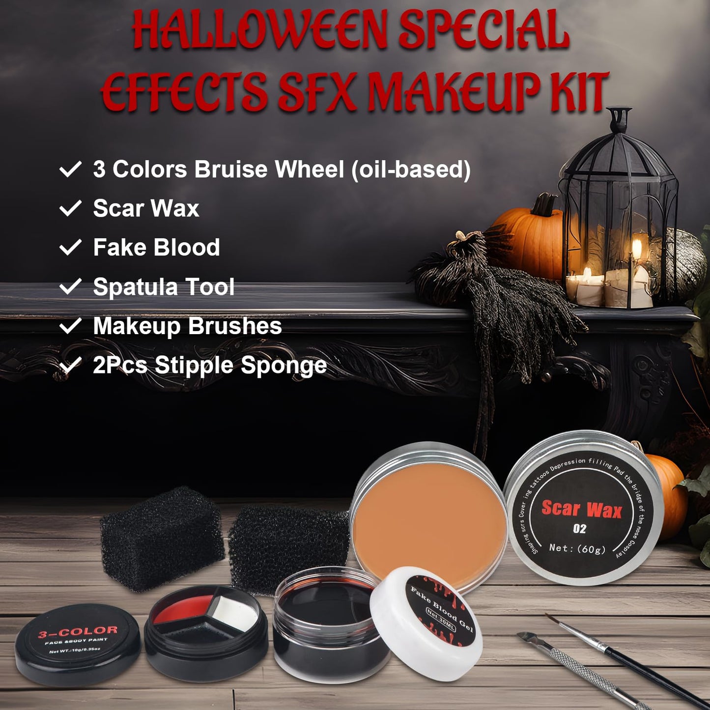 7PCS Halloween SFX Special Effects Makeup Kit, SFX Makeup Kit Include 3 Colors Clown Makeups Face Body Paint, Scar Wax,Fake Blood,Spatula,Brush,2PCS Stipple Sponges for Halloween Cosplay Costume Party