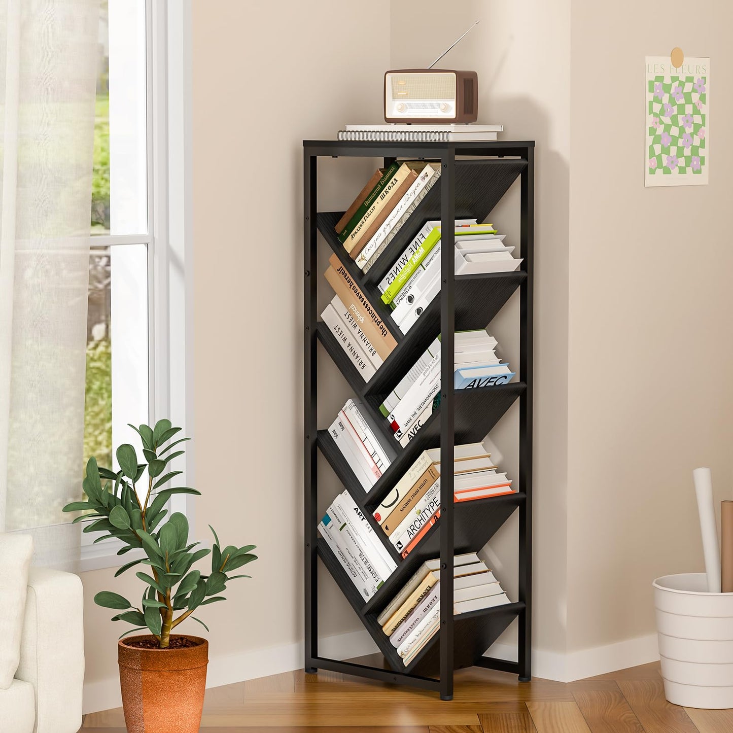 9 Tier Tree Bookshelf - Black Book Shelf Floor Standing Modern Bookcase for Hardcover Books, Small Bookshelf for Small Spaces Bookshelves Wooden Book Storage Organizer Shelves for Bedroom Living Room