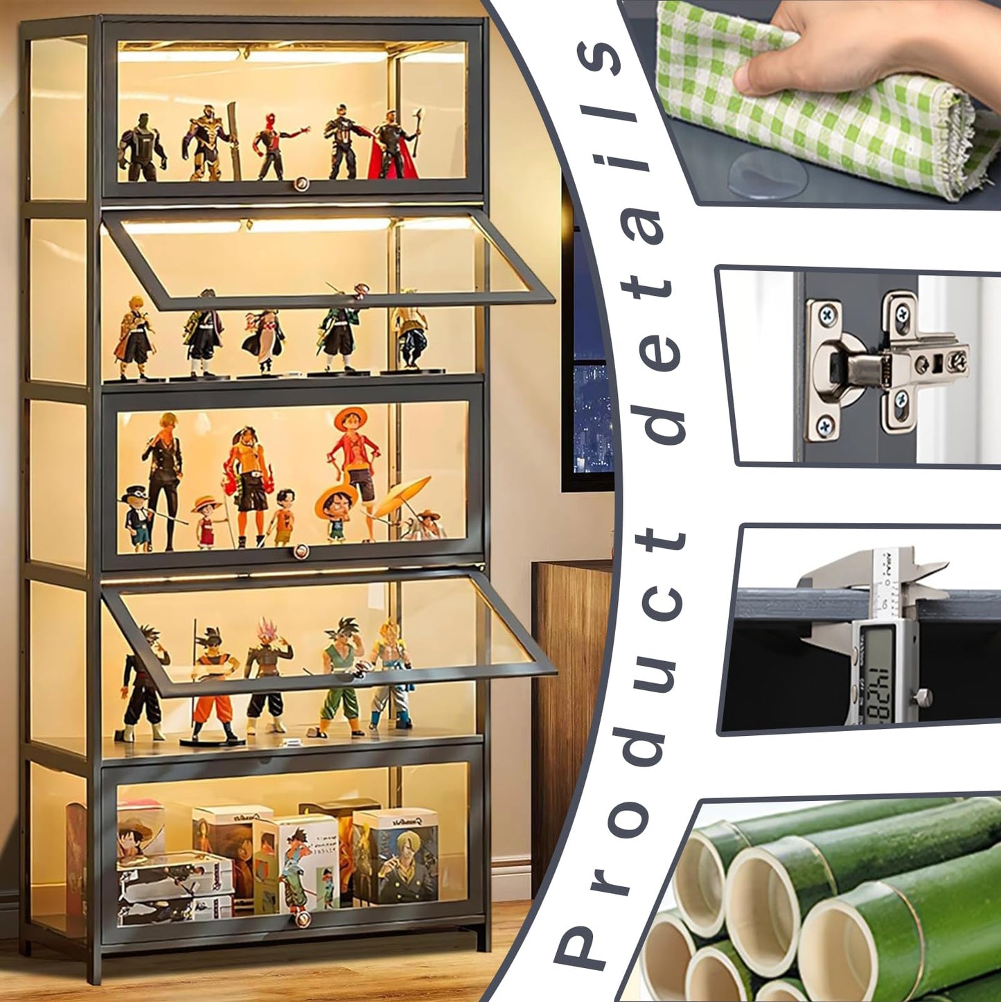5-Tier Display Cabinet, Transparent Display Case with Acrylic Glass Door, Bamboo Curio Cabinet for Collectibles, Display Shelf & Kids Bookcase for Playroom, Bedroom, Living Room, Office