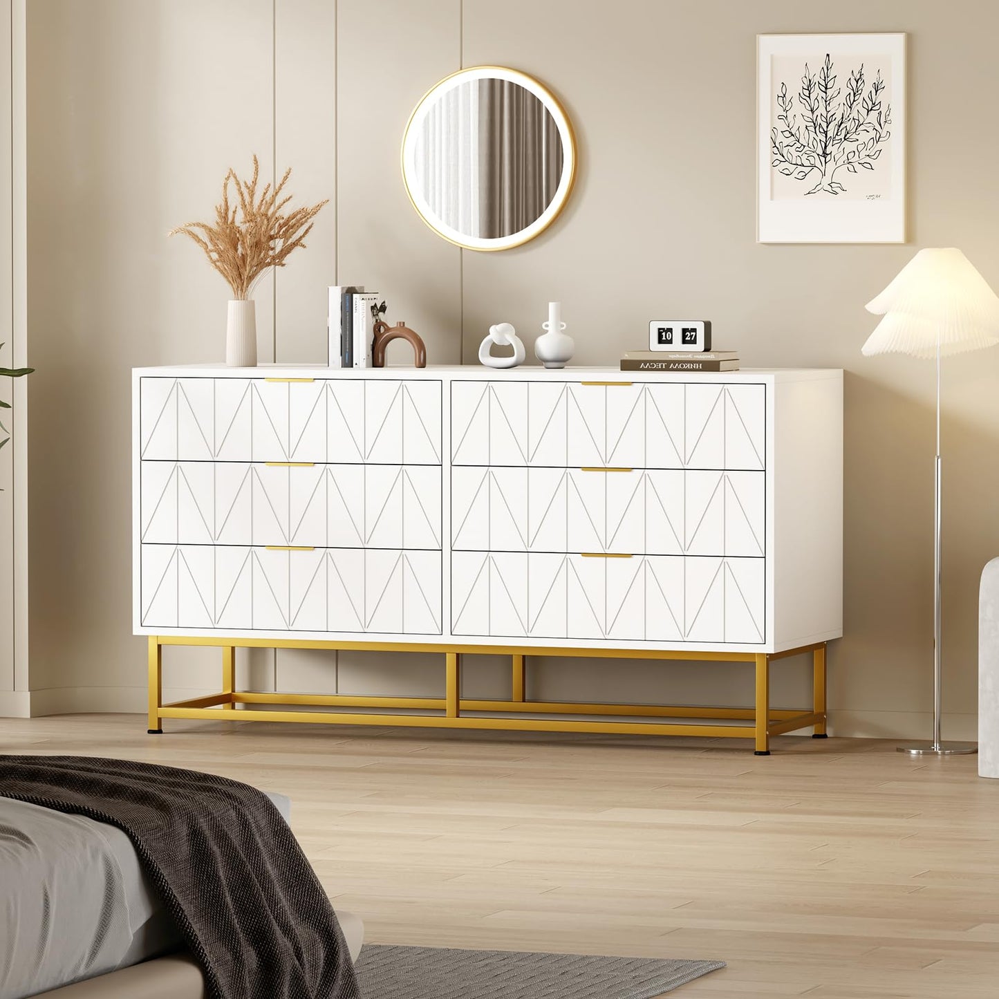 6 Drawer Dresser for Bedroom with Metal Legs, Storage Chest Cabinet Organizer for Living Room,Hallway,Entryway - White