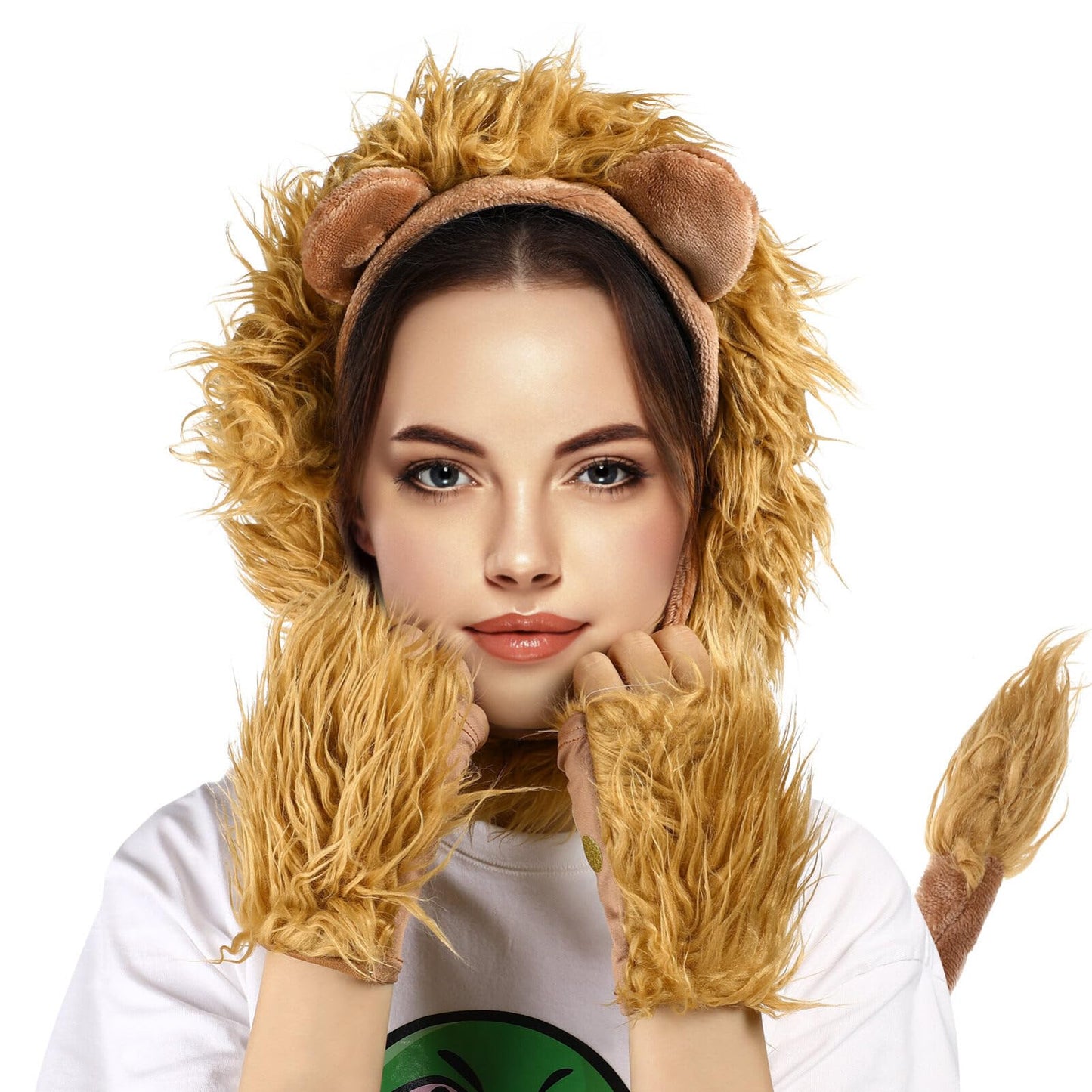 Abaodam Lion Costume Adult 1 Set Animal Costume Lion Paws Fingerless Gloves Ear Headband Ears Headband Ears Paw Gloves Fake Tail Makeup Halloween