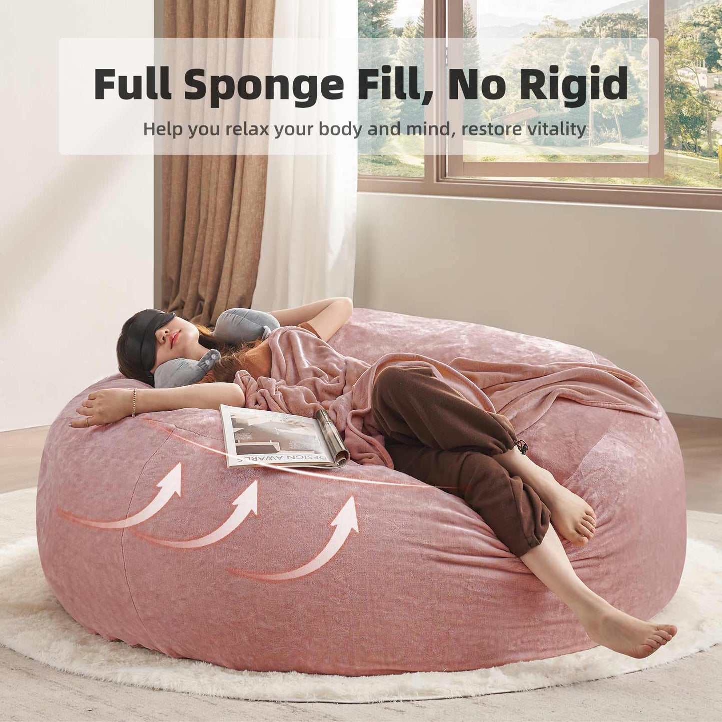 6FT,Big Bean Bag Chairs for Adults,Bean Bag Chair with Filler,Memory Foam Chair,Removable and Washable Flannel Cover, Giant Bean Bag, Suitable for Living Room, Bedroom and Reading(Pink)