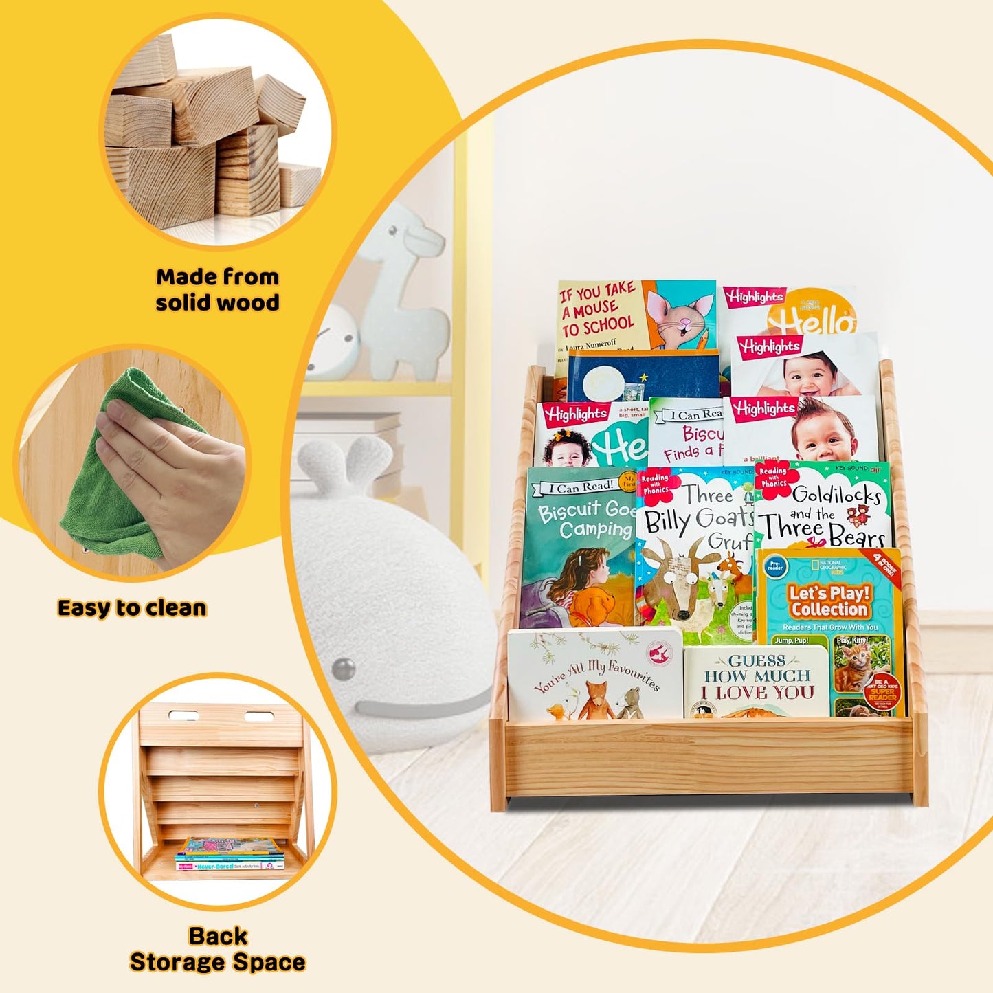 5-Tier Montessori Bookshelf - Front Facing Kids Bookshelf with Back Storage,Mortise and Tenon Design, Easy to Install. Perfect for Toddler, Children's Room, and Reading Nook (Natural)