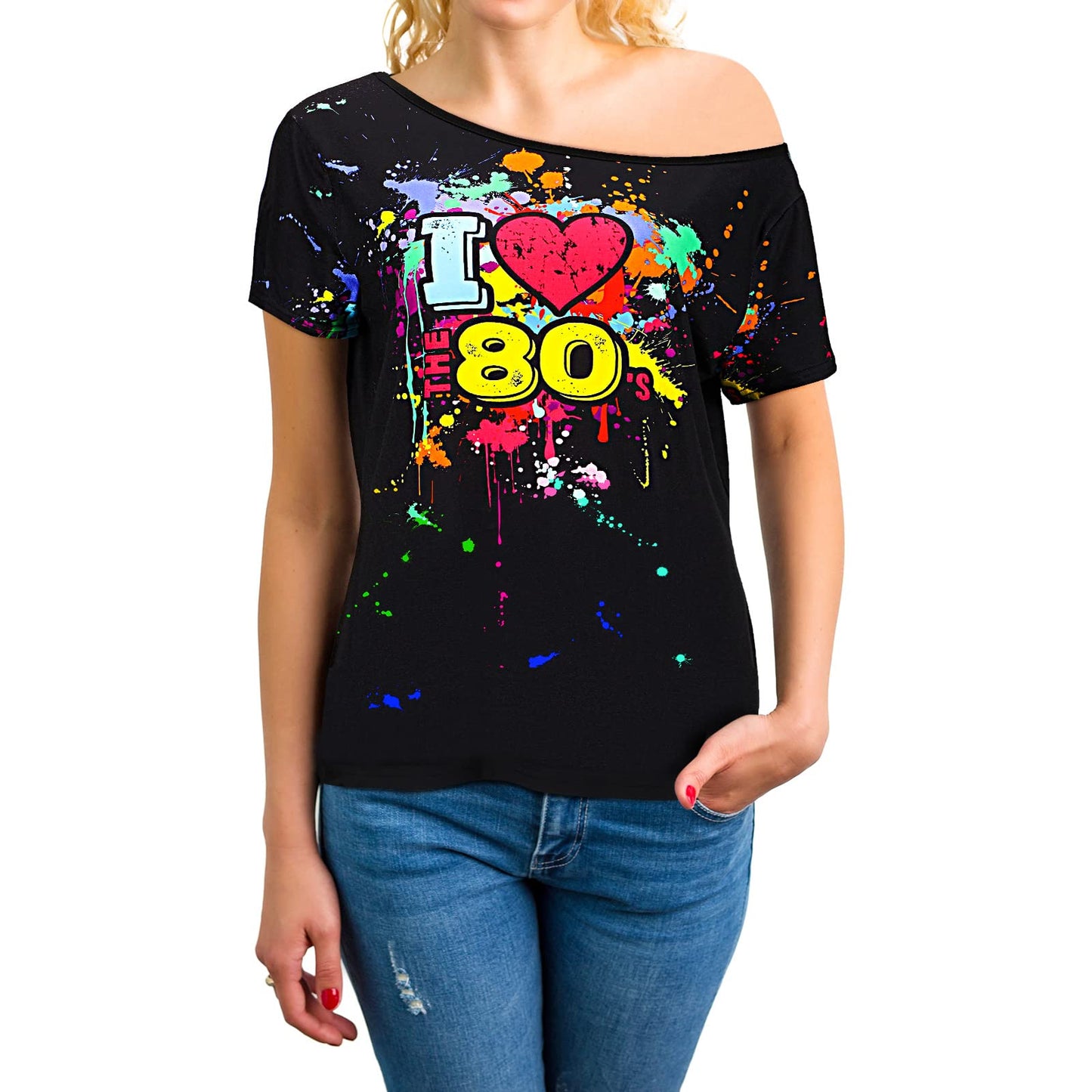 80s Outfit for Women Plus Size I Love The 80's Costumes 80s Off Shoulder T-Shirt Tops Neon Clothes Oversized (Black,2X-Large)