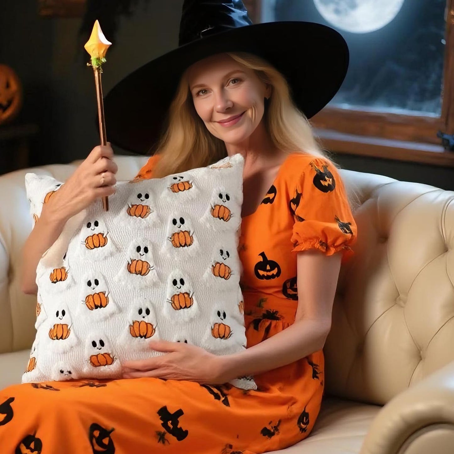 XLMJDZQ Halloween Decor Throw Pillow Covers Set of 2-18x18 Inches Ivory Cute Ghost Hugging Pumpkin, Plush Soft for Spooky Season & Cozy Fall Decor