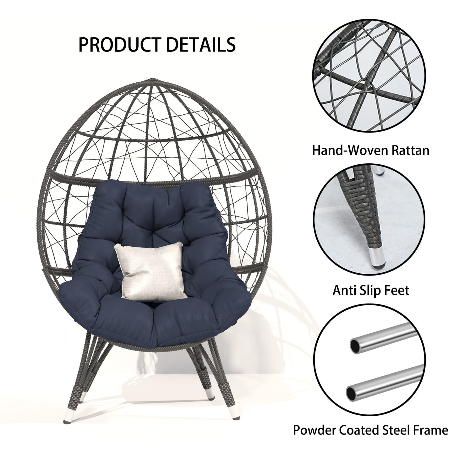 wallowsun Oversize Wicker Egg Chair, Outdoor Indoor Egg Basket Lounge Chair w Large Cushion for Patio Backyard Garden Living Room (Blue)