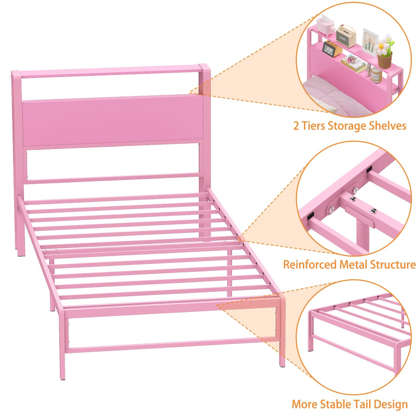 Weehom Twin Bed Frames for Kids with 2 Tiers Wood Storage Shelves Headboard, Twin Size Bed No Box Spring Needed Easy Assembly Metal Platform for Girls and Adults, Pink