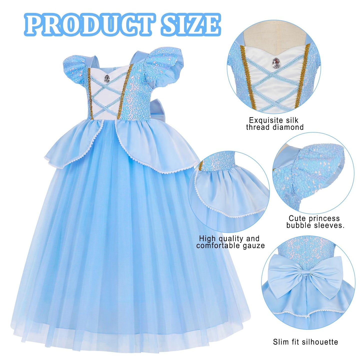 WYB Girls Princess Costume Dresses Blue Princess Dress Up Clothes with Accessories for Halloween Cosplay Carnival Party (5-6 years)