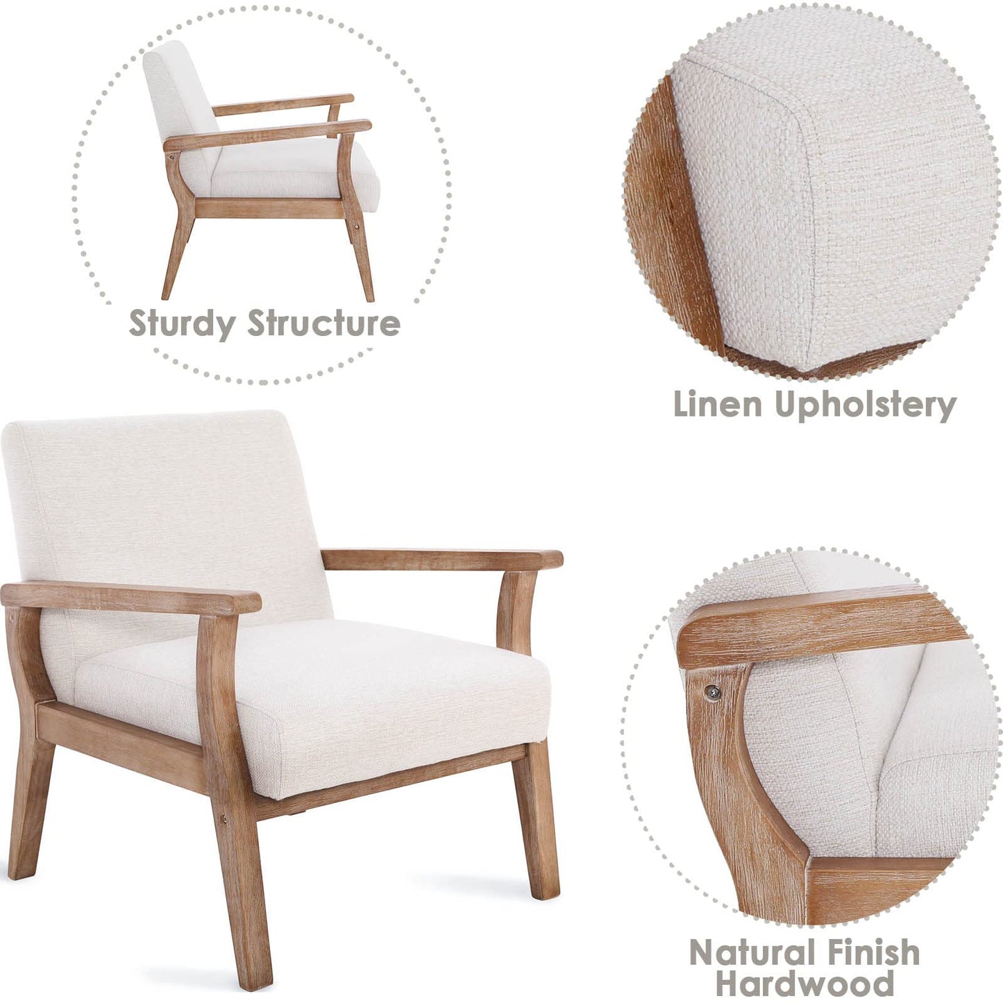 Wahson Comfy Living Room Chairs Set of 2, Linen Upholstered Accent Chairs, Farmhouse Armchairs with Natural Wood Frame, Oversized Decorative Chair for Bedroom, Beige