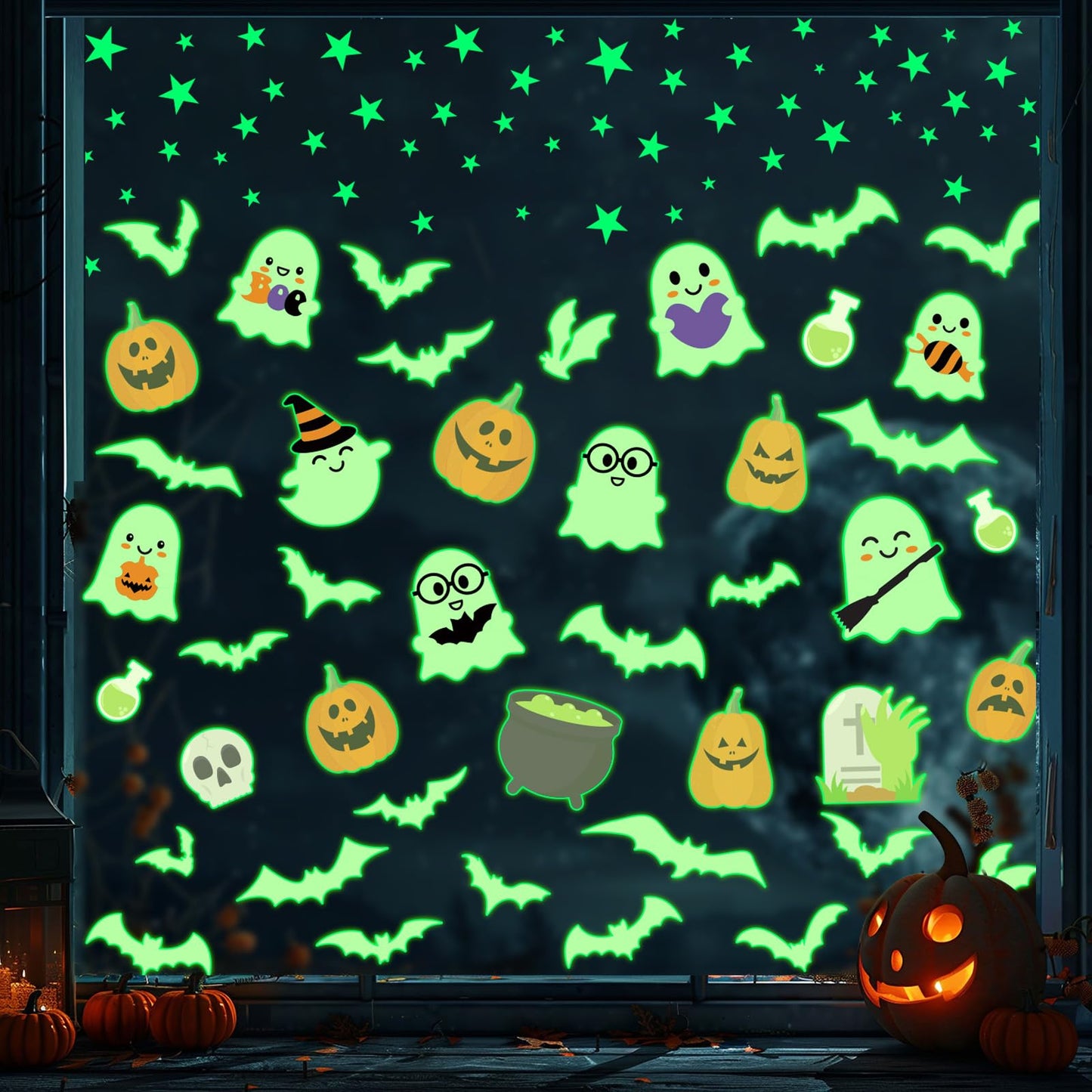 Whaline Halloween Glow in The Dark Window Cling Stickers Ghost Pumpkin Bats Window Decals Cute Cartoon Decoration for Halloween Party Home Classroom Wall, 4 Sheets